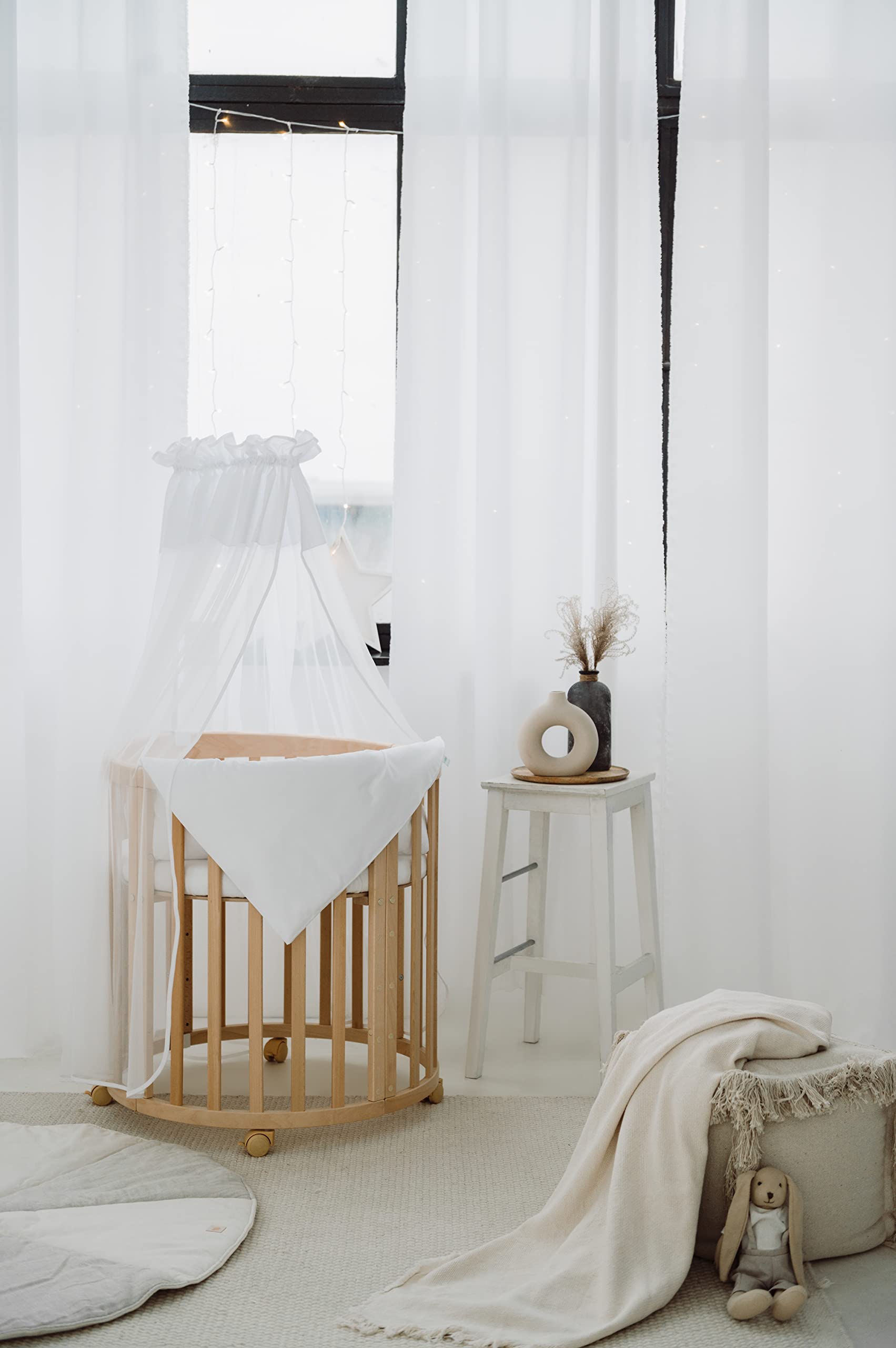 Waldin Lettino Mobile 7in1 Ovale Materasso Culla Espandibile Ventilato Base Regolabile 5 Posizioni Legno Naturale