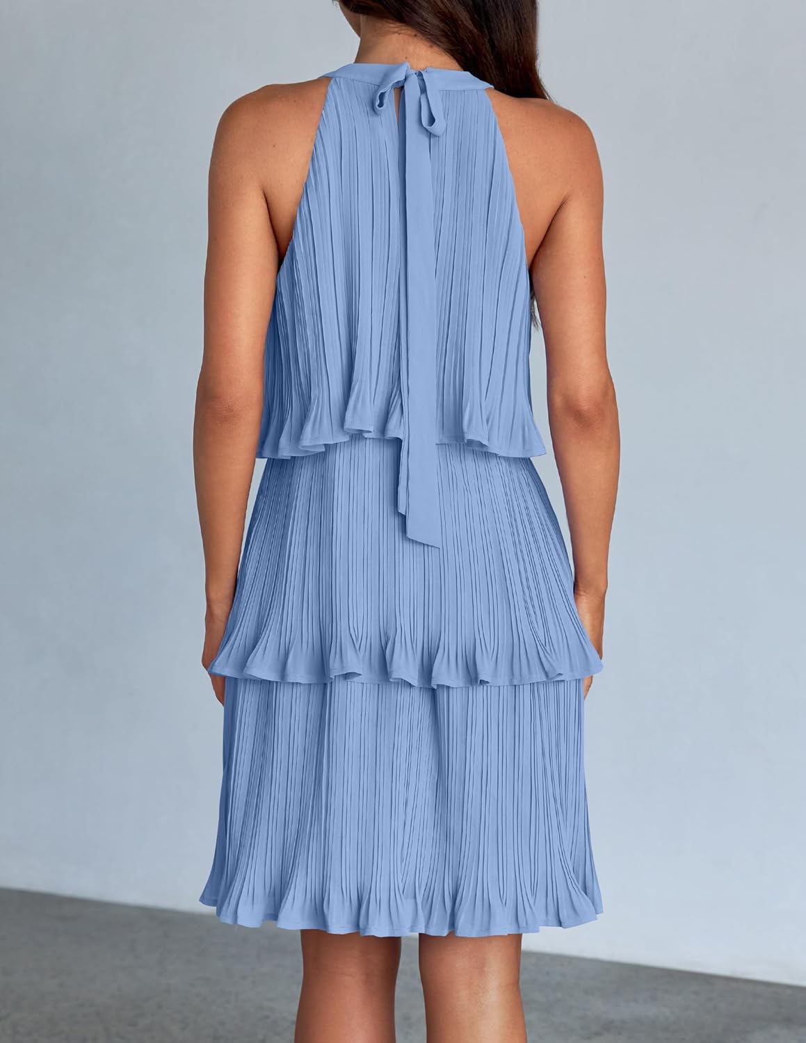 ZESICA Women's 2026 Summer Halter Dresses Sleeveless Ruffle Tiered Layered Chiffon Pleated A Line Swing Mini Dress - Image 6
