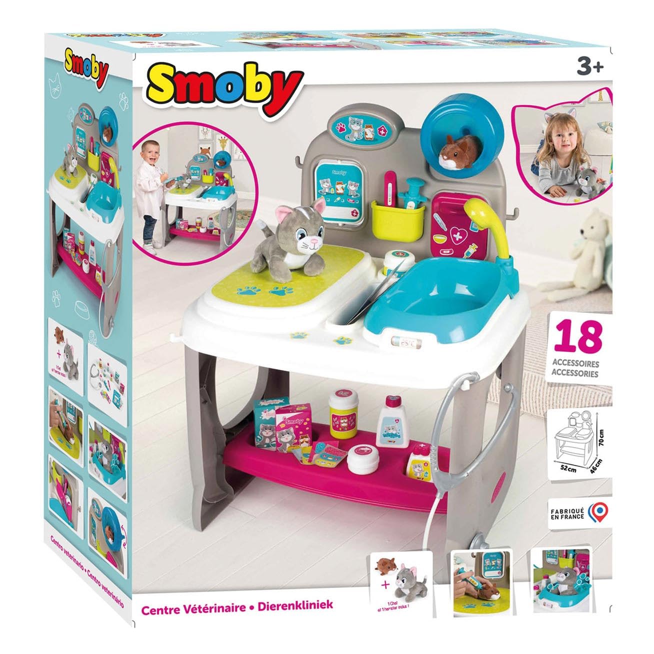 Smoby - Dierenartscentrum – dierenkliniek – speelgoed voor kinderen – pluche kitten hamster inbegrepen – 18 medische accessoires – 340401 : CDS