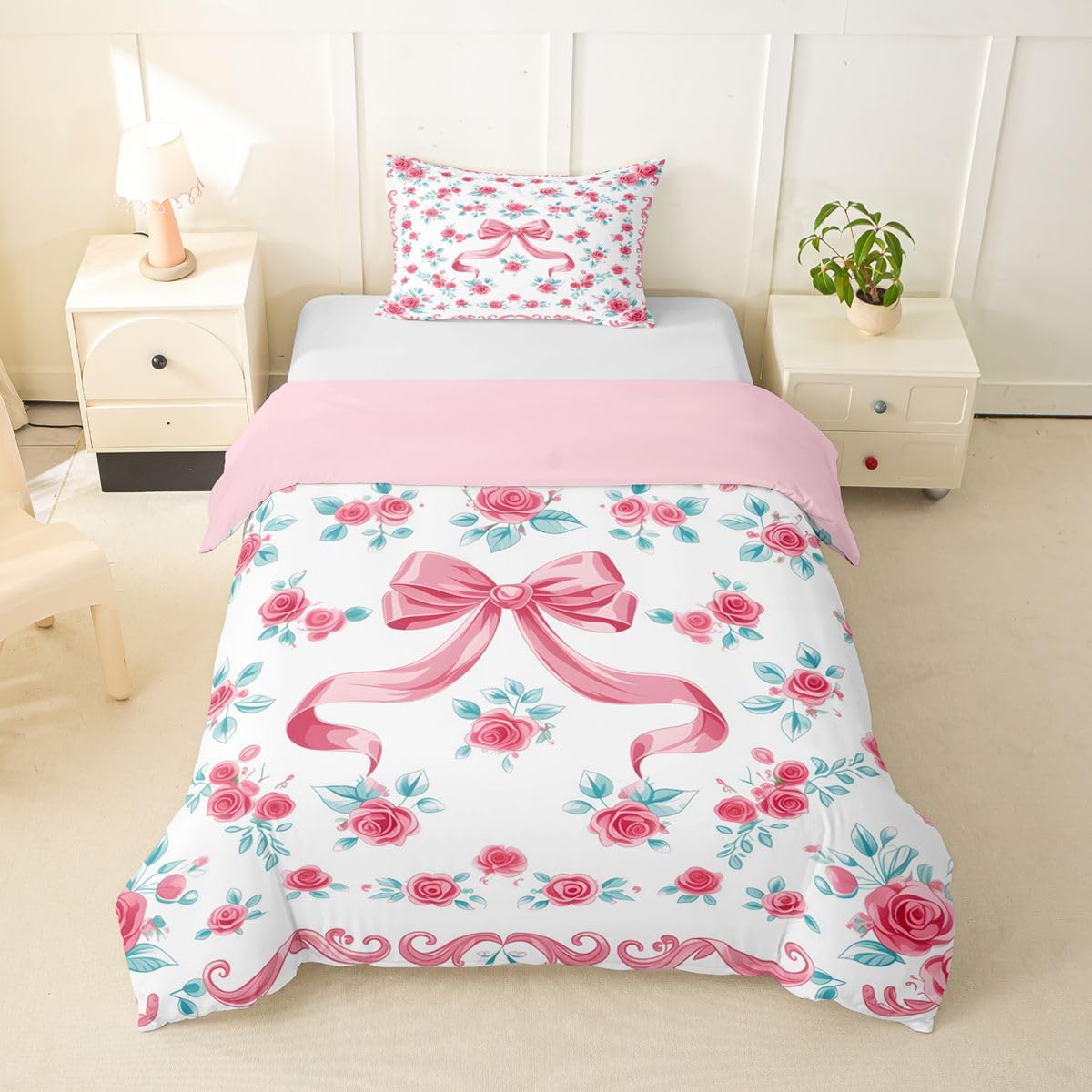 Loussiesd Bows Duvet Cover Junior/Cot Bed Size Pink Bow for Boys Girls Bowknot Bedding Set 2Pcs Kawaii Room Decor Breathable Soft Lightweight Microfiber