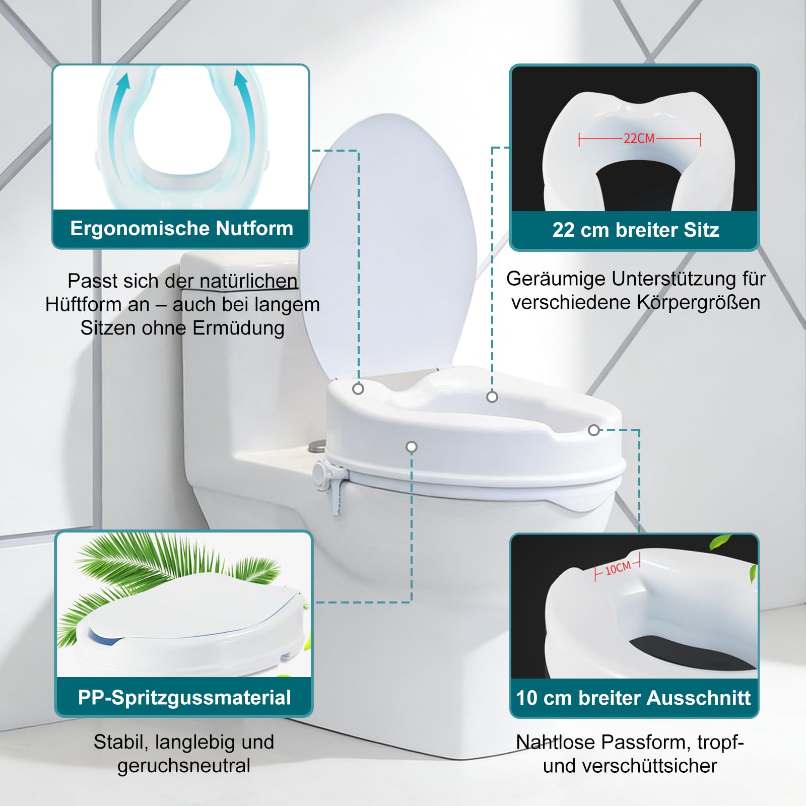 Erhöhter Toilettensitz für Erwachsene, Toilettensitzerhöher Senior WC-Aufsatz 13 cm, mit Deckel, für ältere Menschen und eingeschränkte Mobilität, einfache Montage und Reinigung