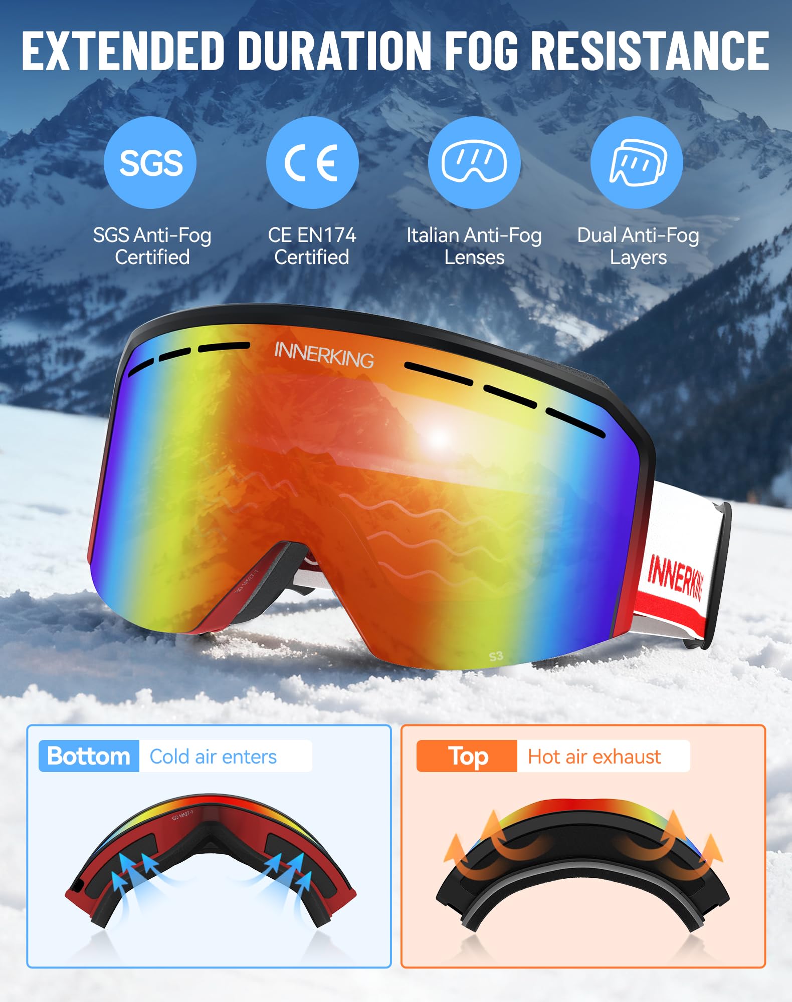 Innerking Occhiali da sci/snowboard OTG per uomini, donne e ragazzi – Occhiali da neve anti-appannamento 100% UV400 protezione GR15