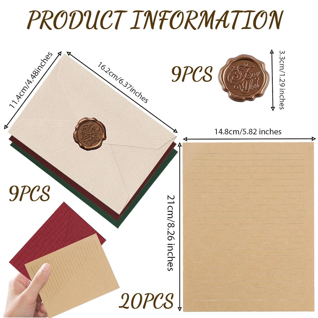 Ensemble de Papeterie Vintage 38 Pièces avec Enveloppes Papier Lettre Kraft et Autocollants Sceau en Cire