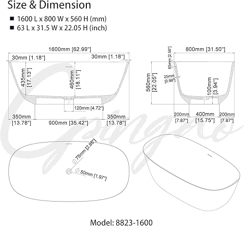 Miniatura 5 de Cpingao Bañera independiente de superficie sólida de resina de piedra 63 pulgadas de largo x 315 pulgadas de ancho x 22 pulgadas de alto Bañera