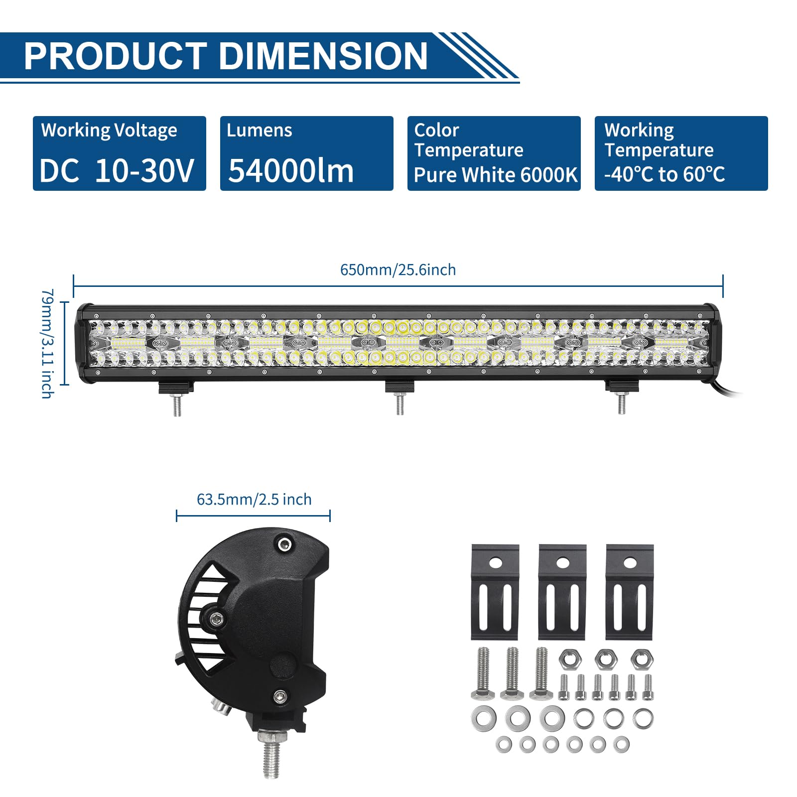 Willpower Reflektor roboczy LED, 26", 66 cm, 540 W, 12 V, 24 V, IP67, wodoszczelny, do samochodów offroad, traktorów, dodatkowy reflektor cofania, światło