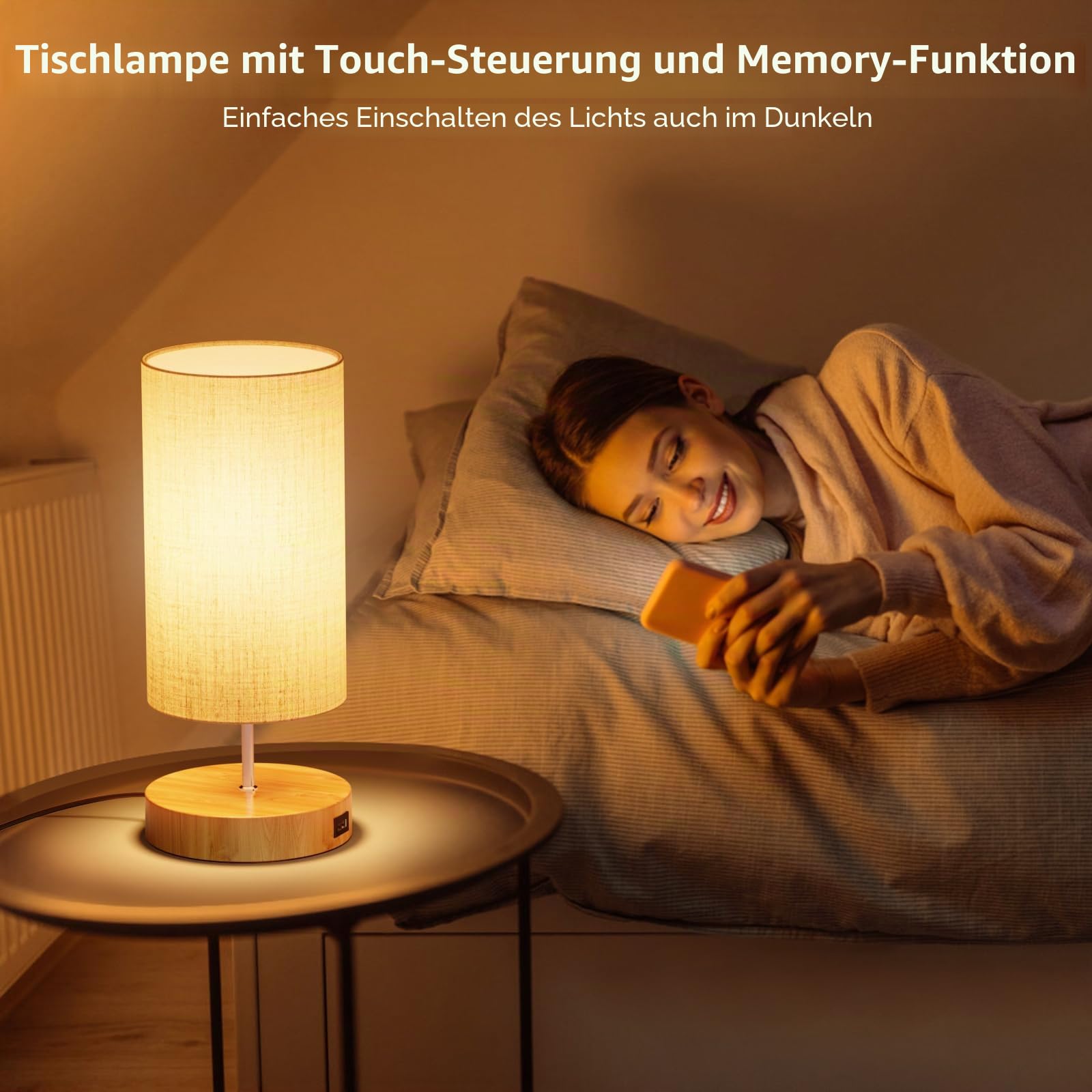 Nachttischlampe 2er set, Dimmbar Touch, USB-Anschluss | 3 Farbtemperaturen und Stufenlose Helligkeit Tischlampen, Geeignet für Schlafzimmer, Wohnzimmer, Büro