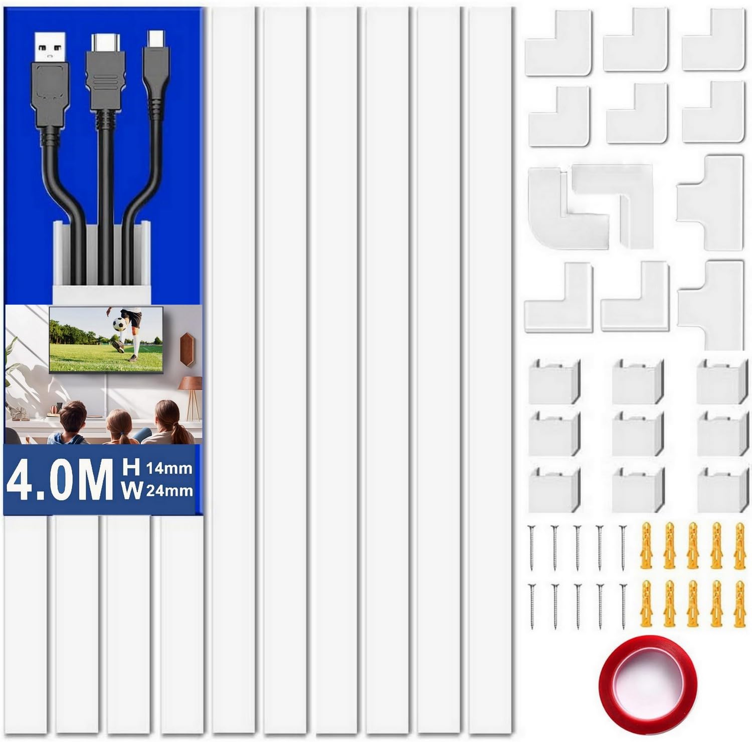 Cable Concealer Cord Cover Raceway Kit on Wall: ® Wire Hider with Connectors & Adhesive Strips – Upgraded Paintable Cable Cover for TV, Cable Raceway for Home Office –White (Medium)