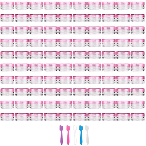 Accmor 100 recipientes de muestra vacíos de 0.11 onzas con tapas rosadas, tarros cosméticos con 5 mini espátulas