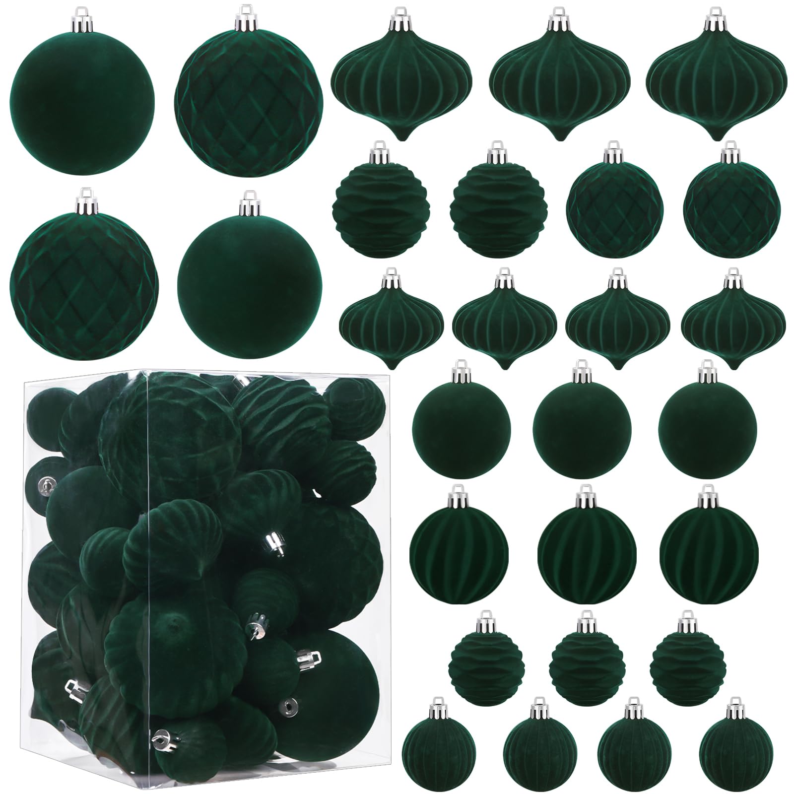 28PCS Velvet Christmas Balls Ornaments, Flocked Shatterproof Dark Green Xmas Tree Hanging Decoration Plastic Ball Set Bulk Ornament for Winter Trees Holiday Party Home Wreath Decor