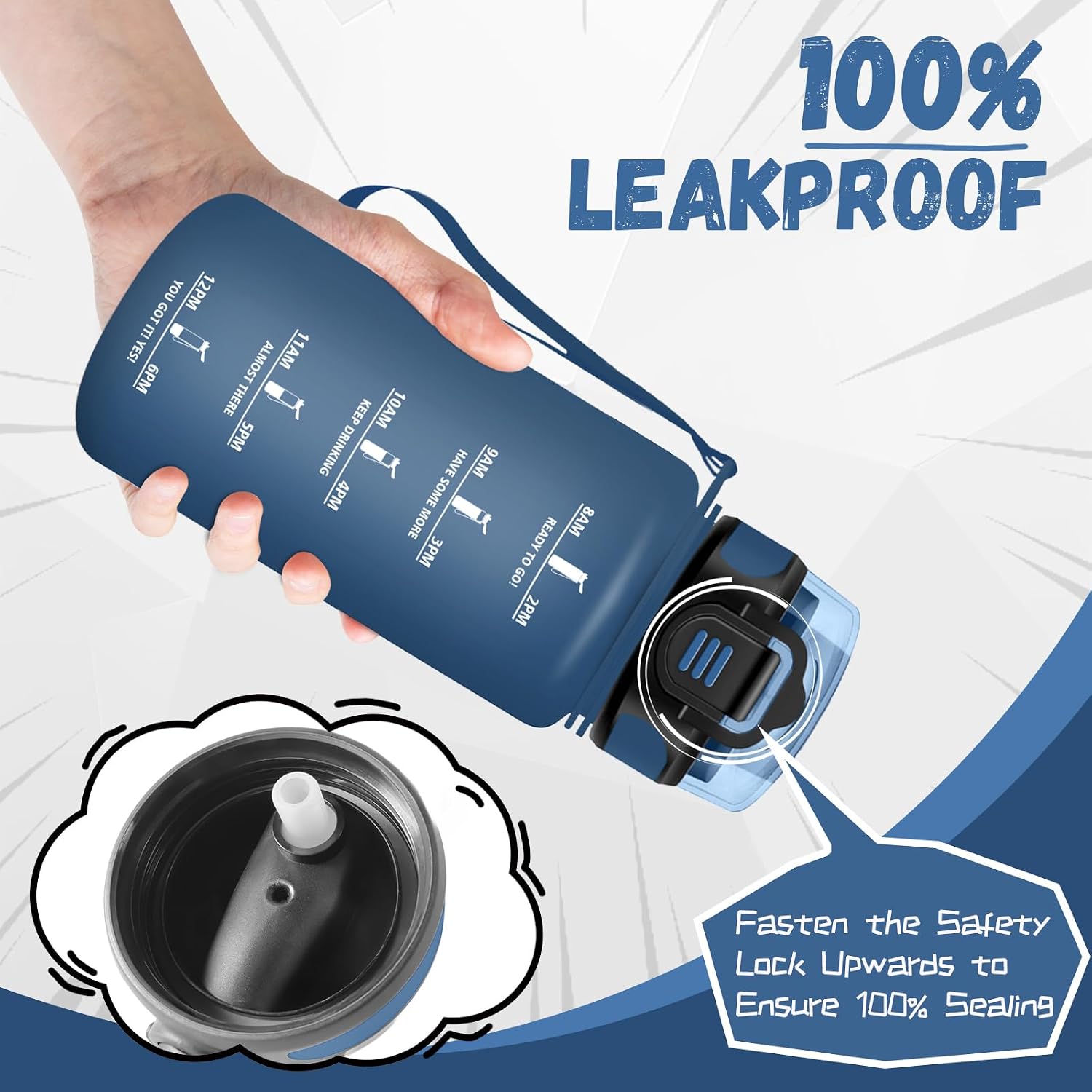 Grsta Children's Leak-Proof Water Bottle, 500 ml, Straw, Timer, Navy Blue, Perfect for School, Travel, Sports