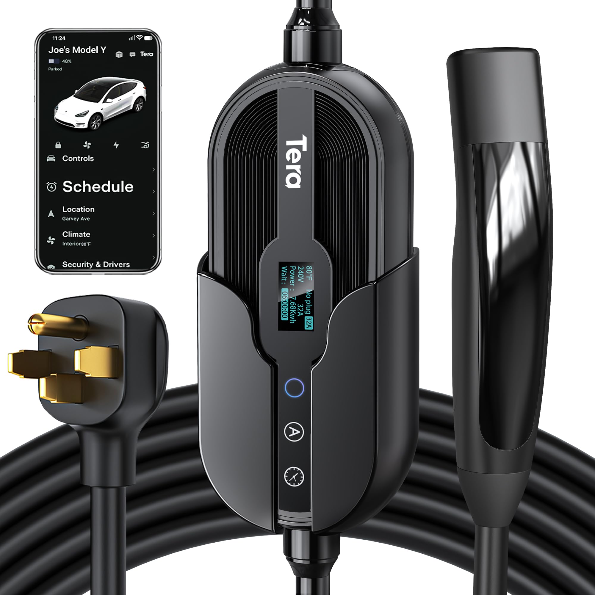 Tera Electric Vehicle Charger for Tesla: Level 2 32A 240V for NACS All Models 3 Y S X NEMA 14-50 Plug Portable & Wall Connector Dual Use Wi-Fi Enabled 25FT Cable P01