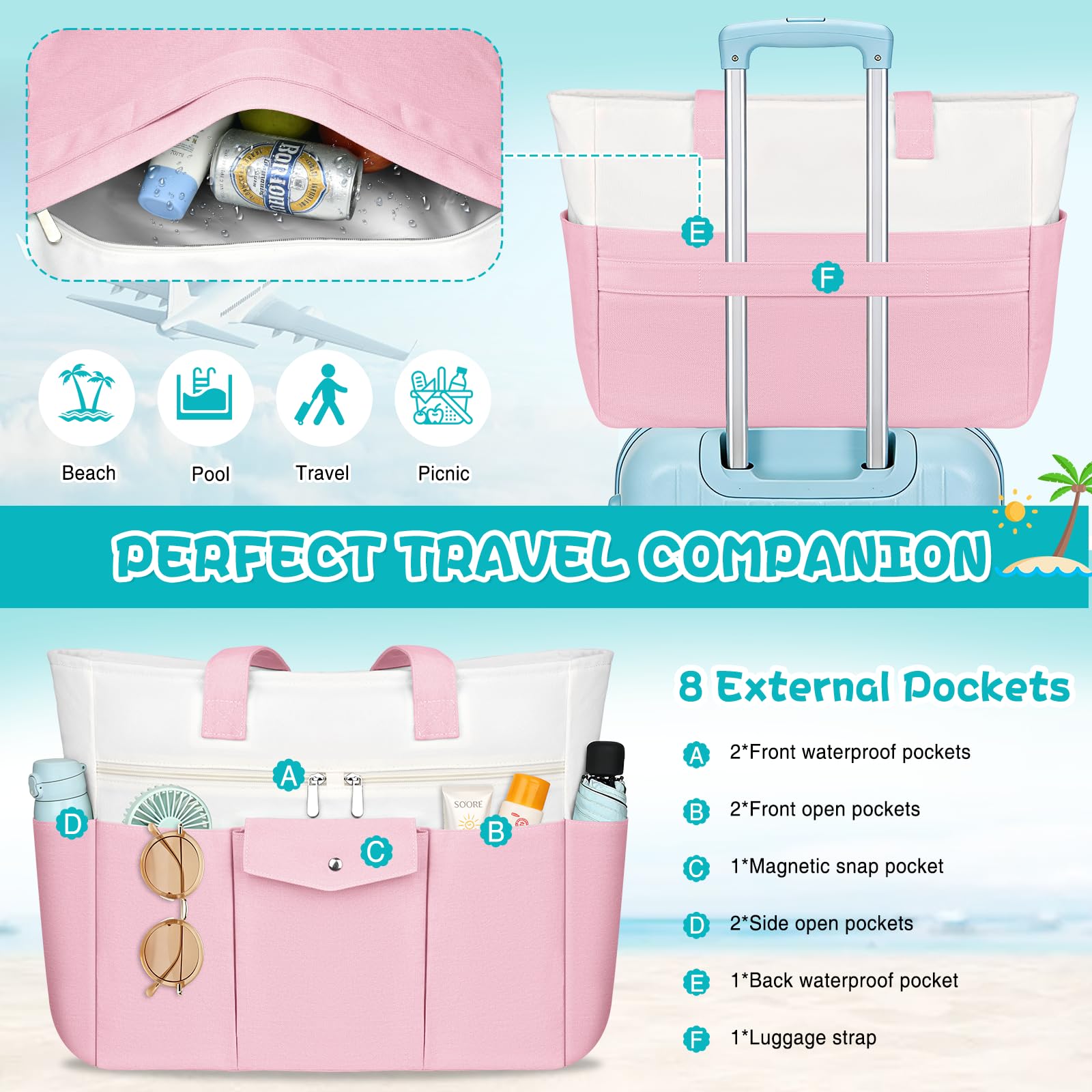TEUEN Gran Bolso Shopper XXL Impermeable – Bolsa de Playa de Tela con Compartimento Impermeable y Cremallera, Bolsa de Viaje Ligera con Múltiples Bolsillos para Mujer