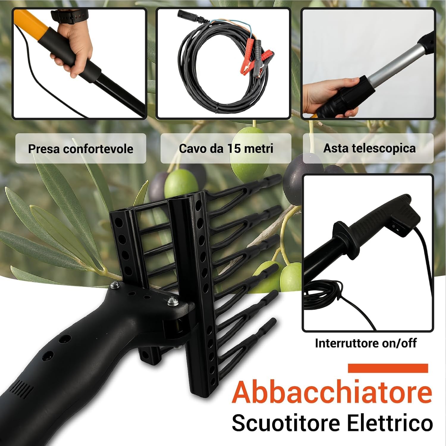 Abbacchiatore Elettrico per Olive 400W a Batteria 12V – Scuotitore Professionale con Asta Telescopica 3m, Rastrello Antibloccaggio in ABS, Cavo 12m – Leggero e Robusto per Raccolta Olive