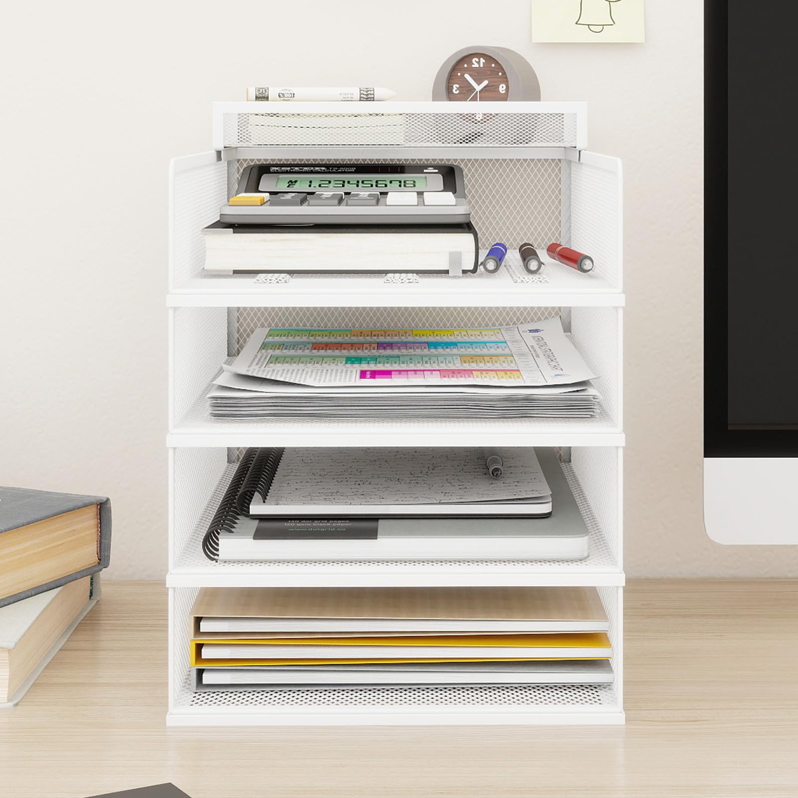 PUNCIA Porta Documenti da Scrivania in Metallo a 4 Livelli Organizer | Documenti Vassoio Porta Documenti Accessori Ufficio Vassoio per Lettere A4 Tavolo per Ufficio Domestico e Scola (Bianco)