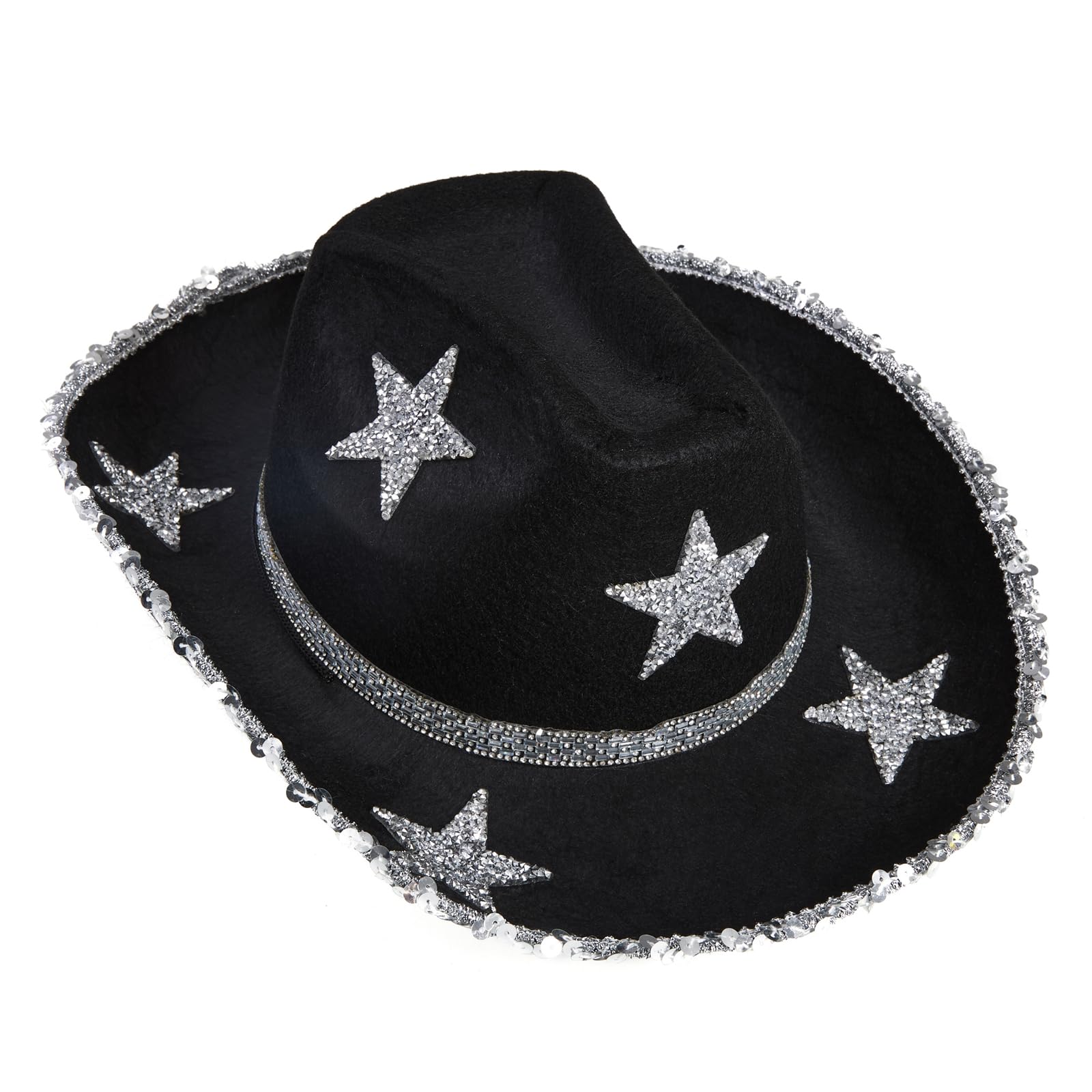 Anuedgis Women's Sparkly Rhinestone Star Western Cowboy Hat Wide Brim Fancy Dress Cowgirl Hat for Party Music Festival Wedding Costume (Black 1, ONE Size)