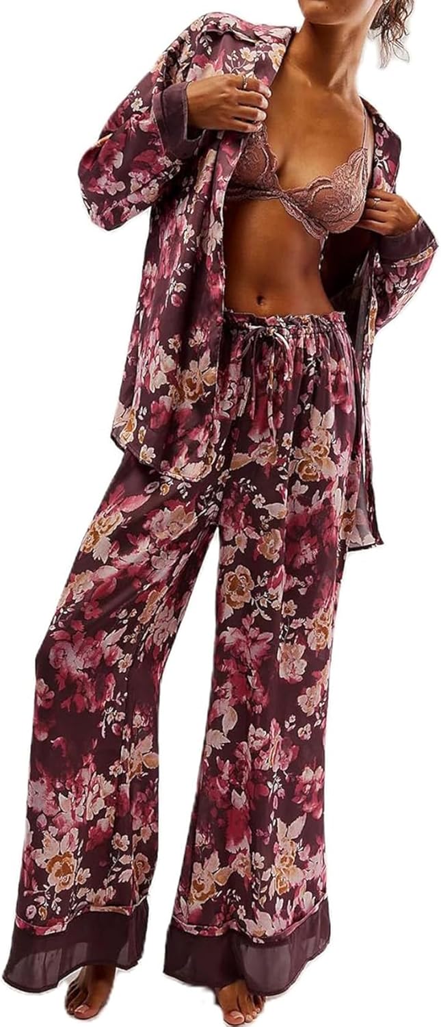 Yimoon Satin Pajama Set for Women Silk Pajamas Set 2 Piece Floral Cute Pj Set Long Sleeve Pjs Sleepwear