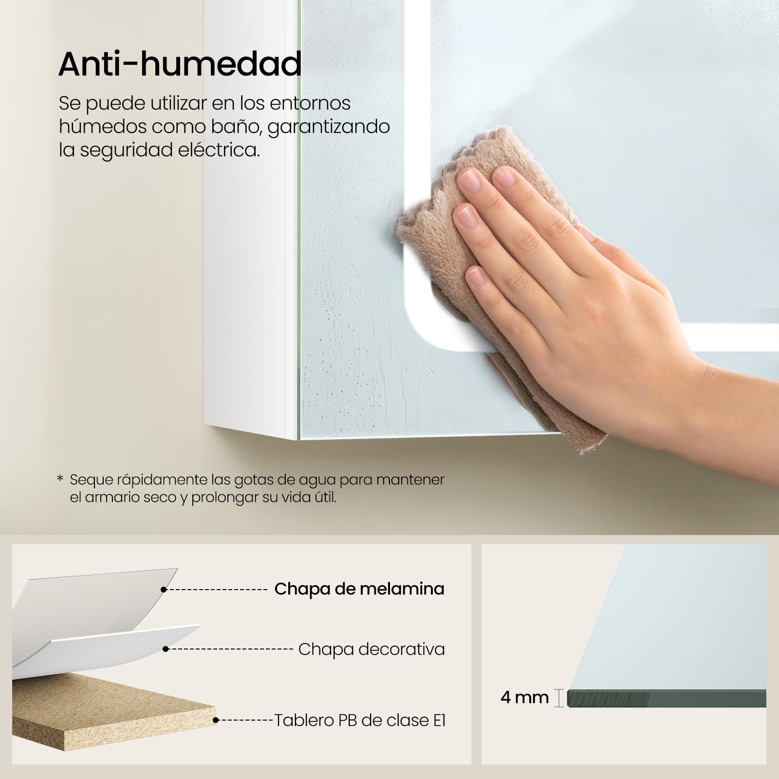 EUGAD Mobile Bagno con Specchio e Luce, Armadietto Bagno a 3 Porte con Ripiani Regolabili, Ganci e Prese, Luce Tattile a 3 Colori, per Appartamento, Bianco (80x14,5x60 cm)