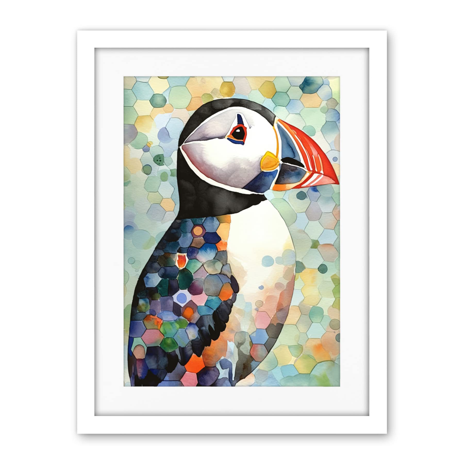 Artery8 Puffin Bird Portrait Pastel Colour Folk Art Artwork Framed Wall Art Print 18X24 Inch
