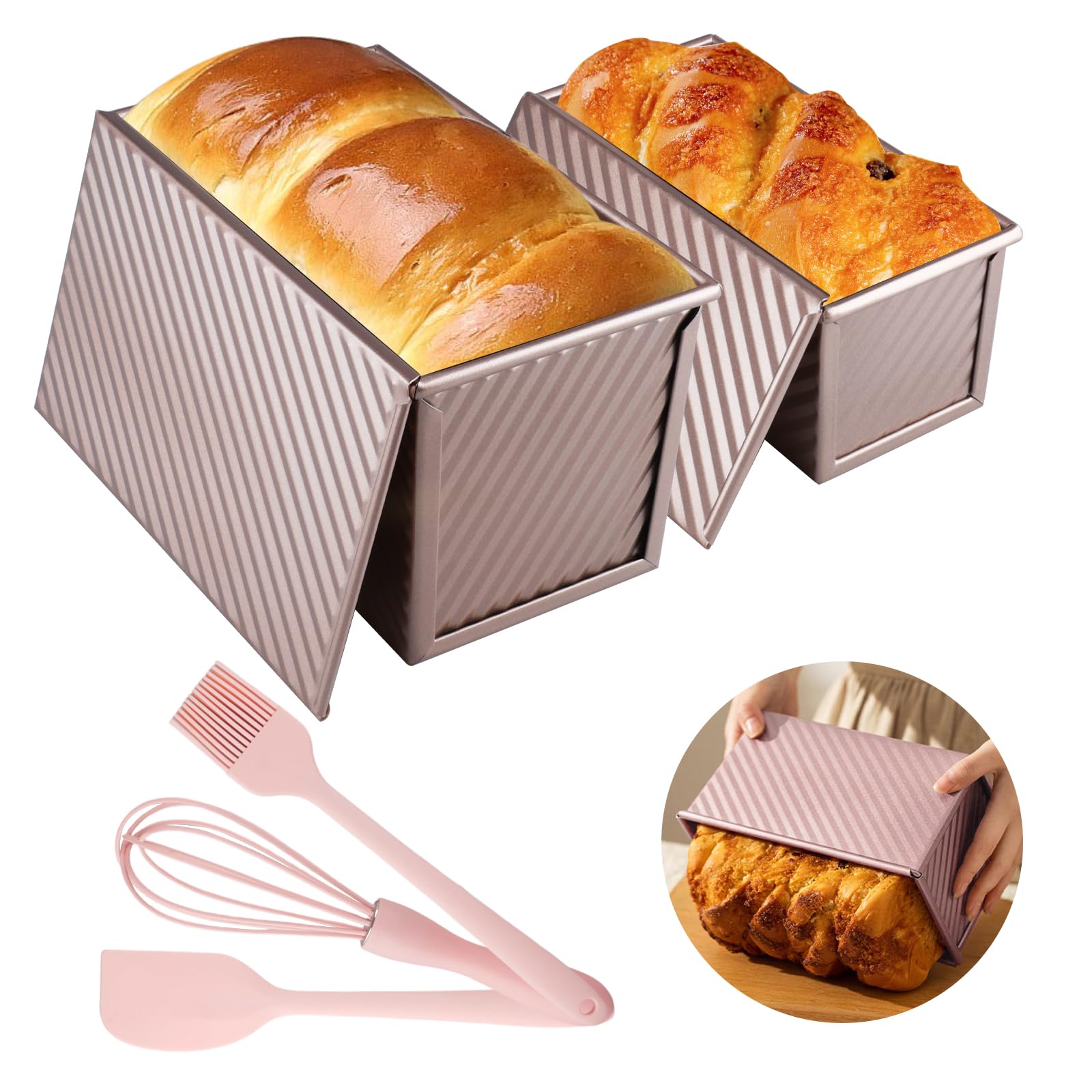 Inodiref 2 Pieces Loaf Tin With Lid(1lb)&(0.5lb) Dough Non Stick Bread Loaf Tins For Baking,Bread Baking Tin with Accessories,Rose Gold Corrugated Loaf Pan,Bread Tins For Baking Cakes Sandwiches Toast