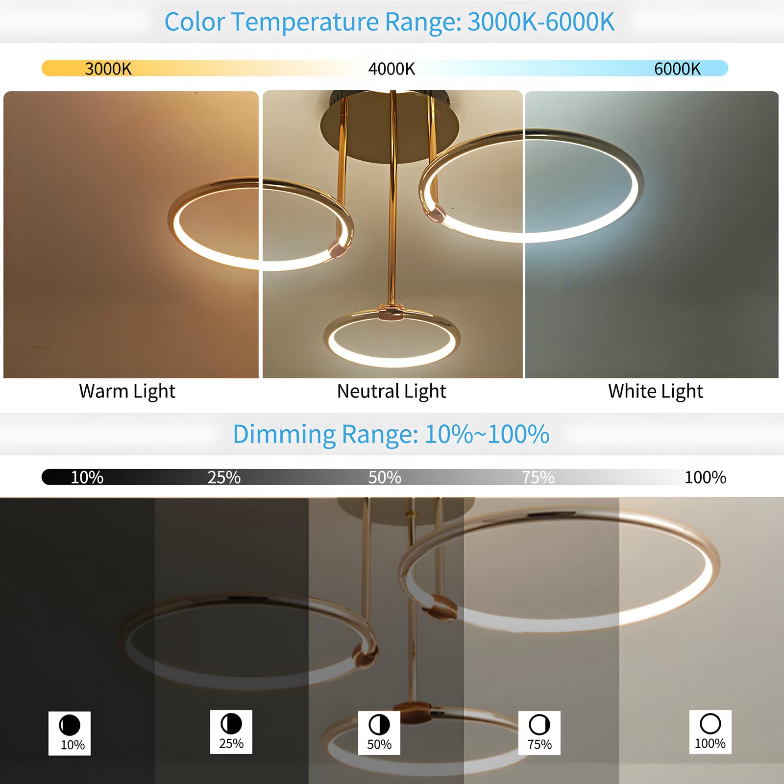 3 Anelli Rotondi Design Oro LED Plafoniera, Lampadario Ø56cm | 60W Dimmerabile Continuo, Pendente Placcato In Metallo Creativo, Lampada Moderna Per Soggiorno In Camera Letto Studio Ufficio