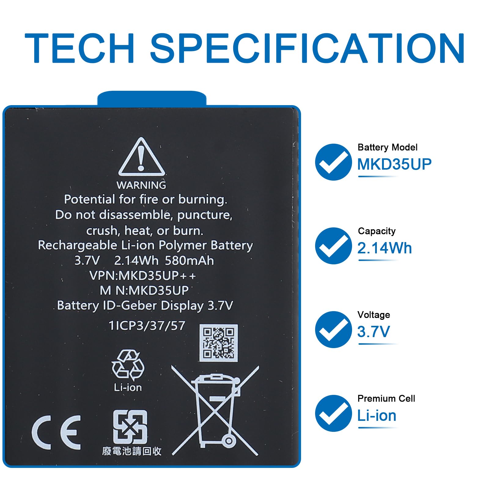 MKD35UP Batterie de rechange pour clé à distance BMW 5 6 X3 X5 X6 Series, 530le 530li 5301 730 740 745 760li i8 LCD Remote Key, GT 630I/630D Écran de donneur d'identification 3,7 V 1ICP3/3 7/57
