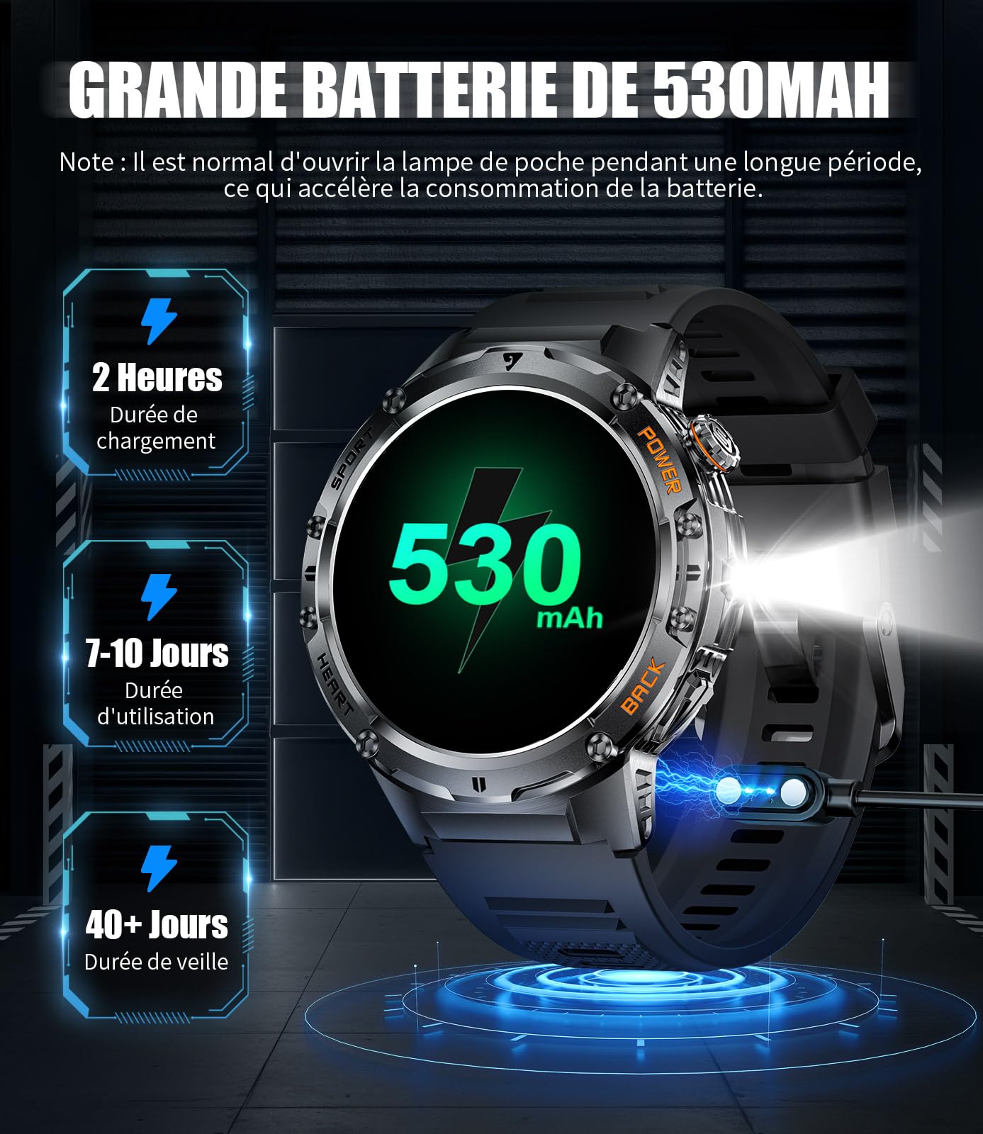 Montre Connectée Homme avec Lampe de Poche,1,43'' AMOLED Fitness Tracker avec avec Appel Bluetooth pour Android iOS Sommeil/Fréquence Cardiaque,Podomètre,530 mAh Sport Smartwatch Homme 2 Bracelets