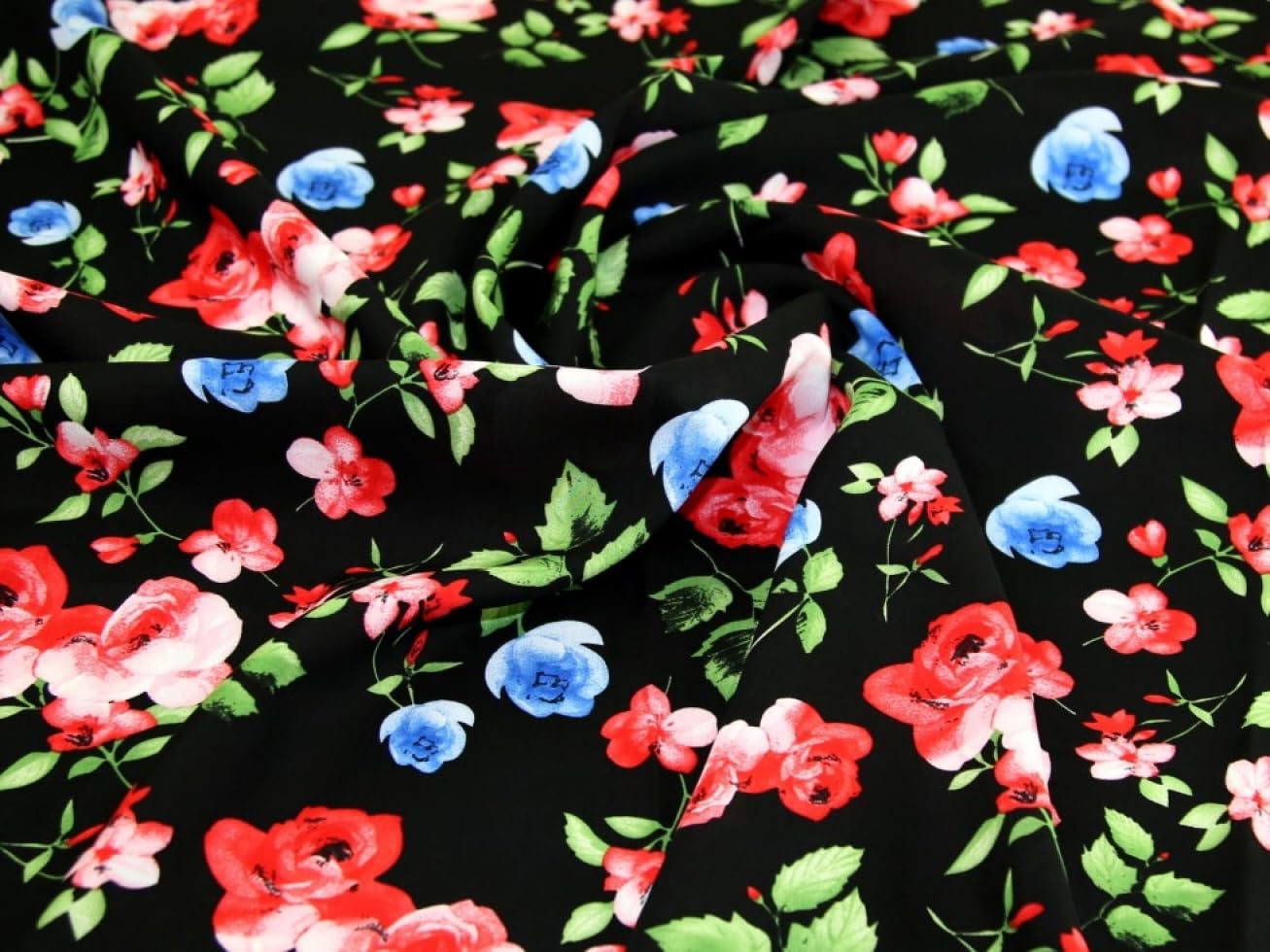 Minerva Black Viscose Challis Fabric Flowers - Sold Per Metre