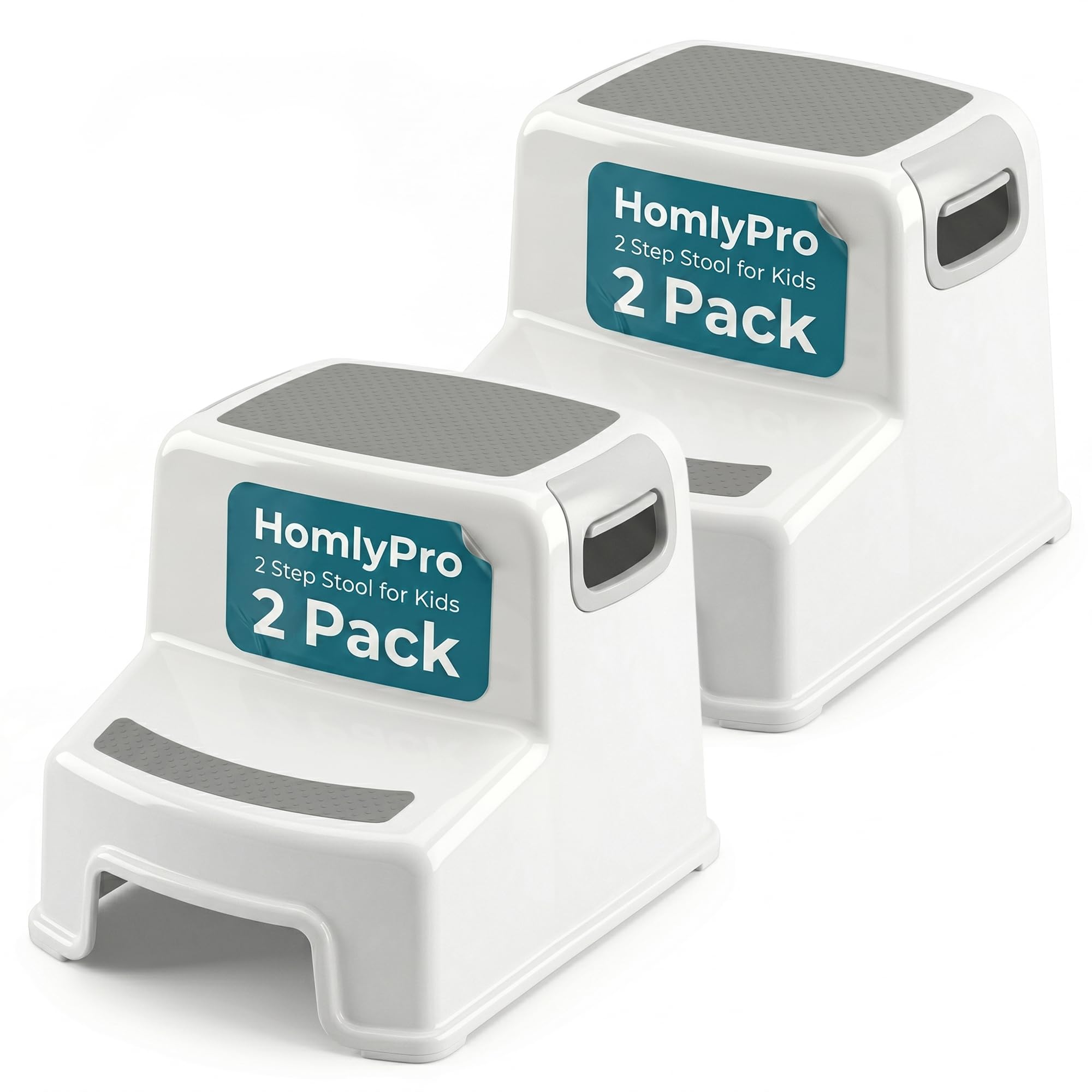 HomlyPro 2 Pack Toddler Double Step Stool for Kids, White, 200 lbs Weight Capacity, Non-Slip 2 Step Kids Stool with Handles, Potty Training Steps for Bathroom Sink & Kitchen