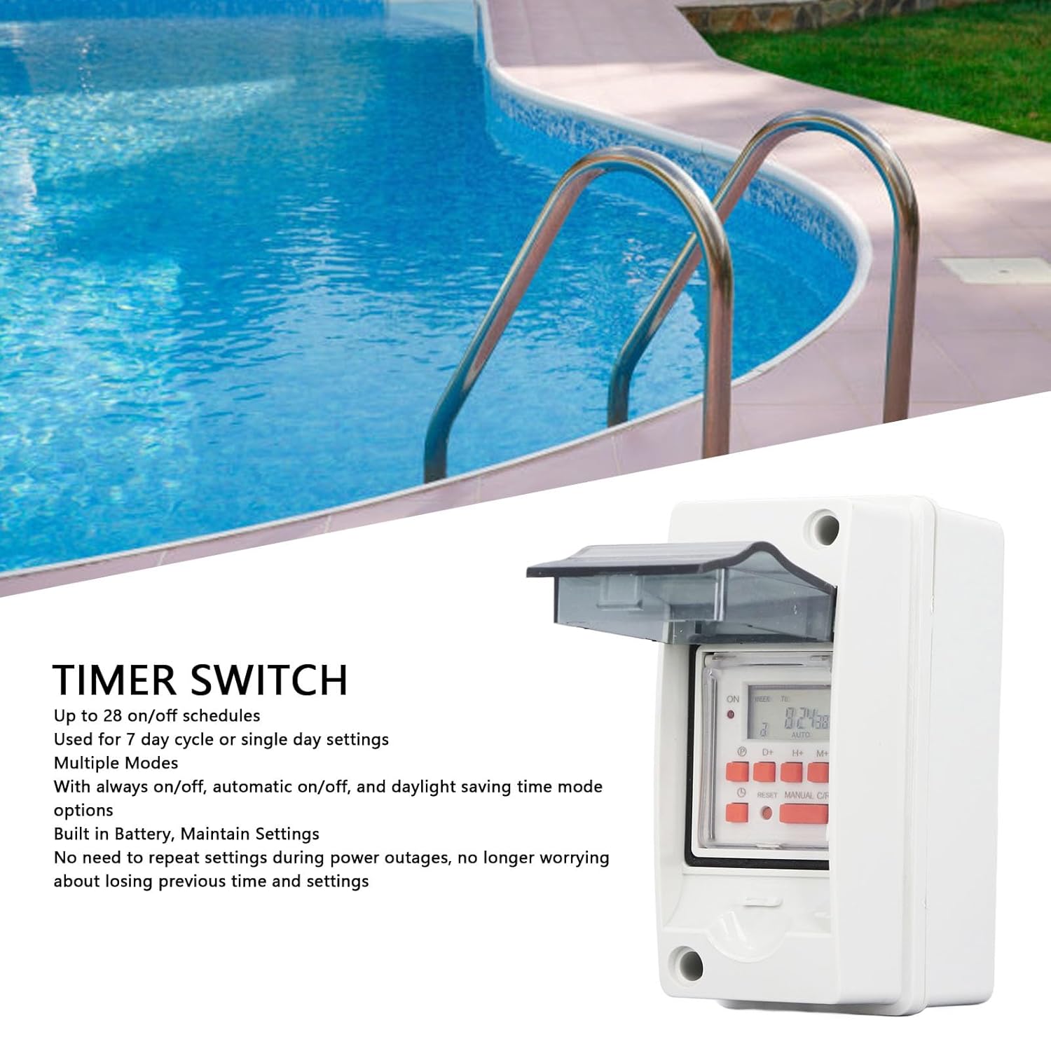 Luqeeg Timer Switch installed near a swimming pool