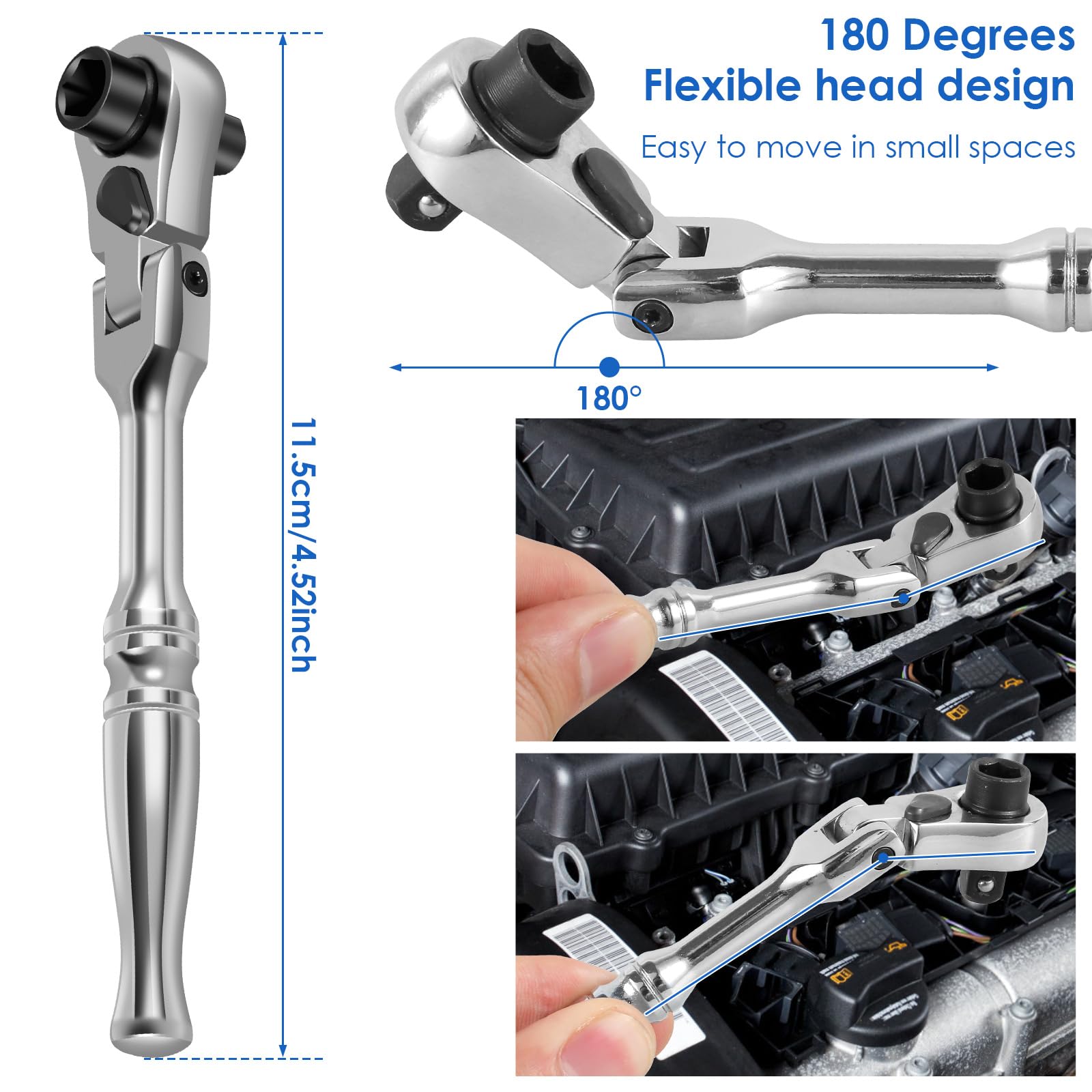 LYDODOKA 1/4-Inch Drive Ratchet, 72-Tooth Flex Head Ratchet