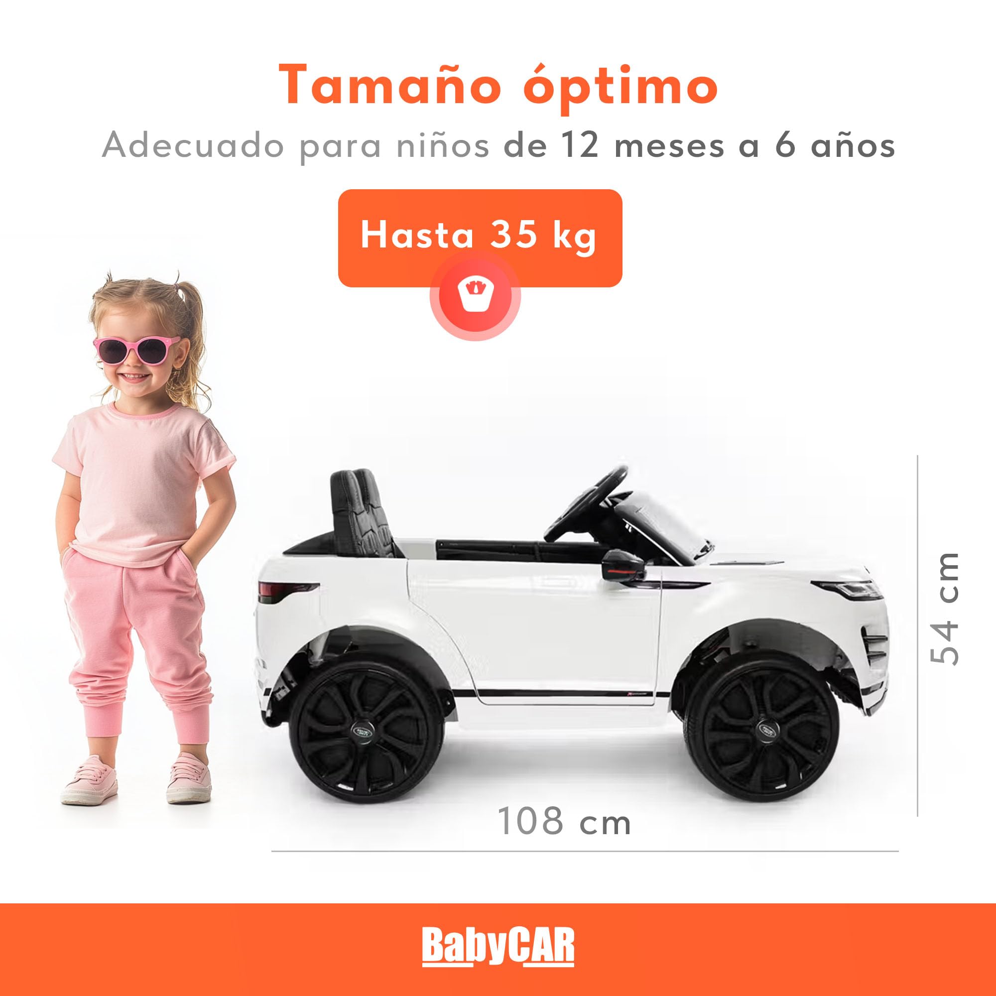 BabyCar Range Rover | Coche electrico para niños 12V con 2 Motores 35W | Coche Bateria con Mando Niño, Asiento de Piel, Puertas abatibles, MP4/USB | Licencia Oficial | Blanco