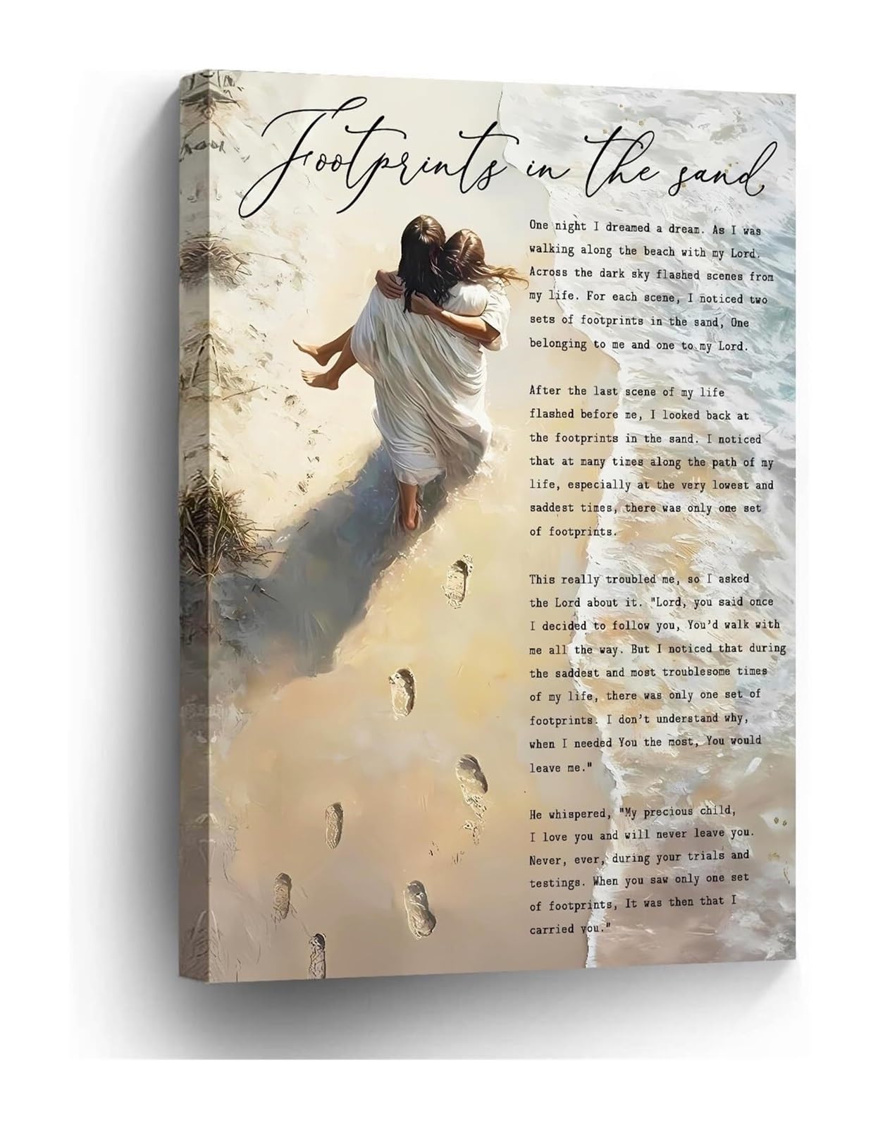 Nwpnlxea Unframed Inspirational Footprints In The Sand Wall-Art, Jesus Christian Poem, Spiritual Decor Gift For Home Church ,08X12inch(20X30cm)