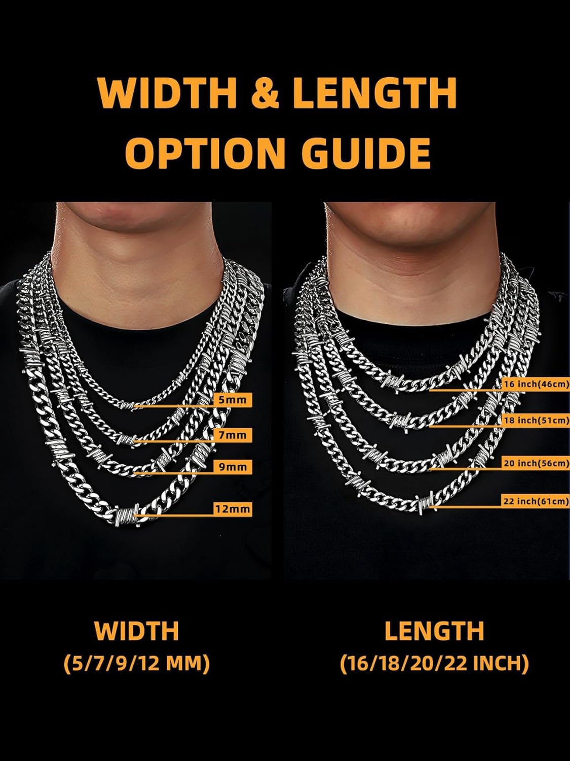 Bestyle Barbed Wire Necklace 5/7/9/12mm Mens Chain Necklaces Hip-hop Punk Gothic Stainless Steel Chain Heavy Thick Cuban Link Chain for Men Women, Length 16/18/20 Inch - Image 5