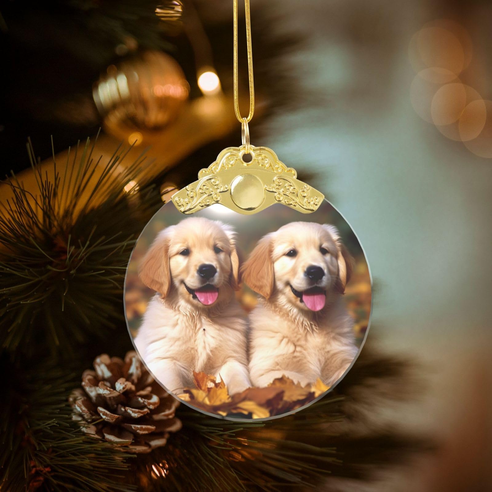 Golden Retriever Dogs Puppies Pets Christmas Ornament 2025, Round Glass Xmas Hanging Pendant for Xmas Tree Decoration,Cute Holiday Hanging Decorations Keepsake for New Year Family Party Wedding Decor
