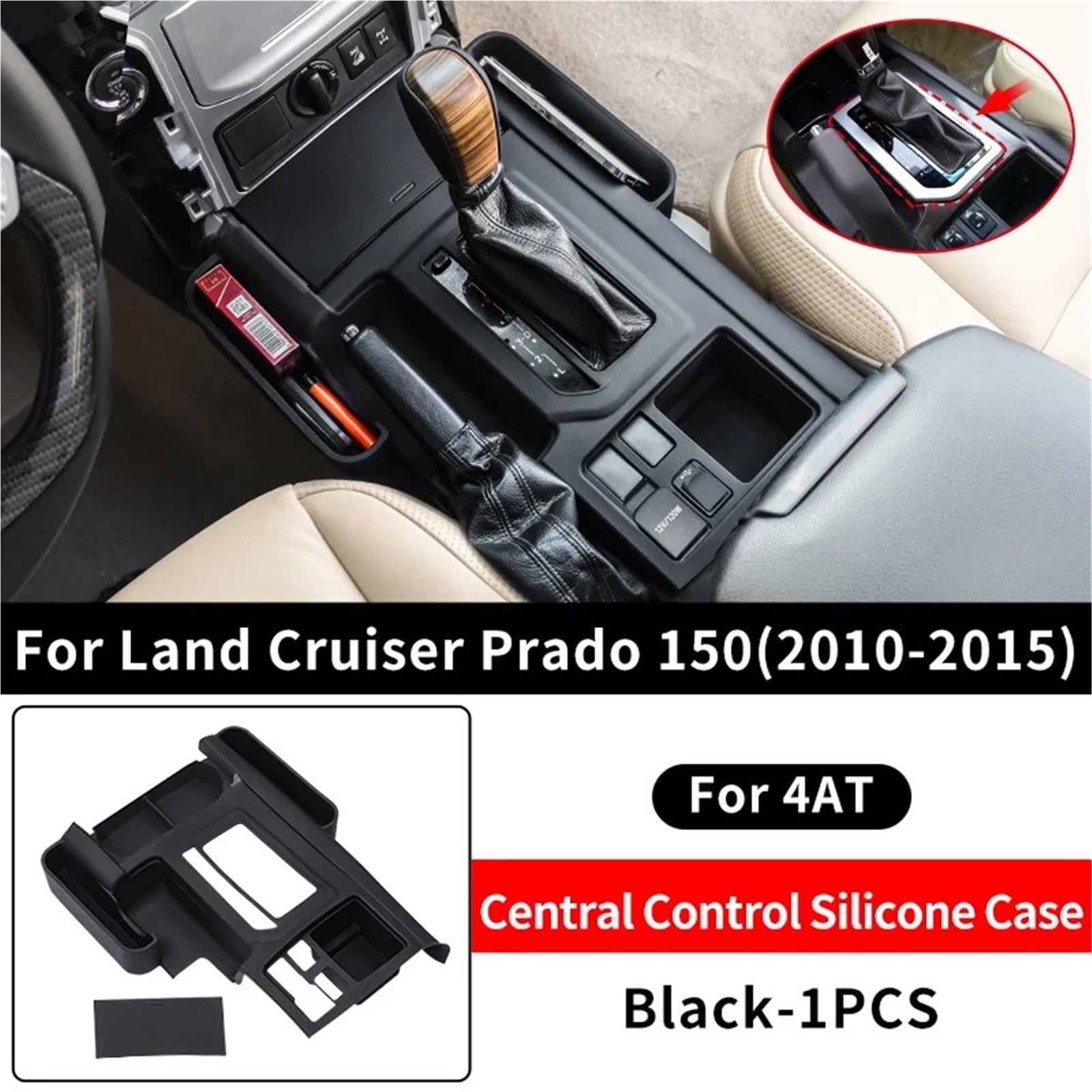 Apoyabrazos para coche Funda protectora de silicona para consola central, compatible con Toyota Prado 150 LC150 2010-2023.(2010-2017 4AT Black)