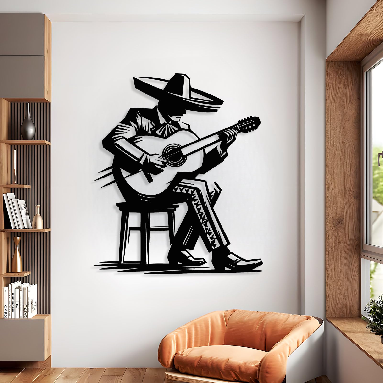 Generisch Metall-Wandkunst mexikanischer Gitarrist Musiker-Wanddeko Gitarrenmusiker-Silhouette mexikanische Deko Musik-Wohndeko Wohnzimmer-Wanddeko modern (Silber 31"x27" | 80x68cm)