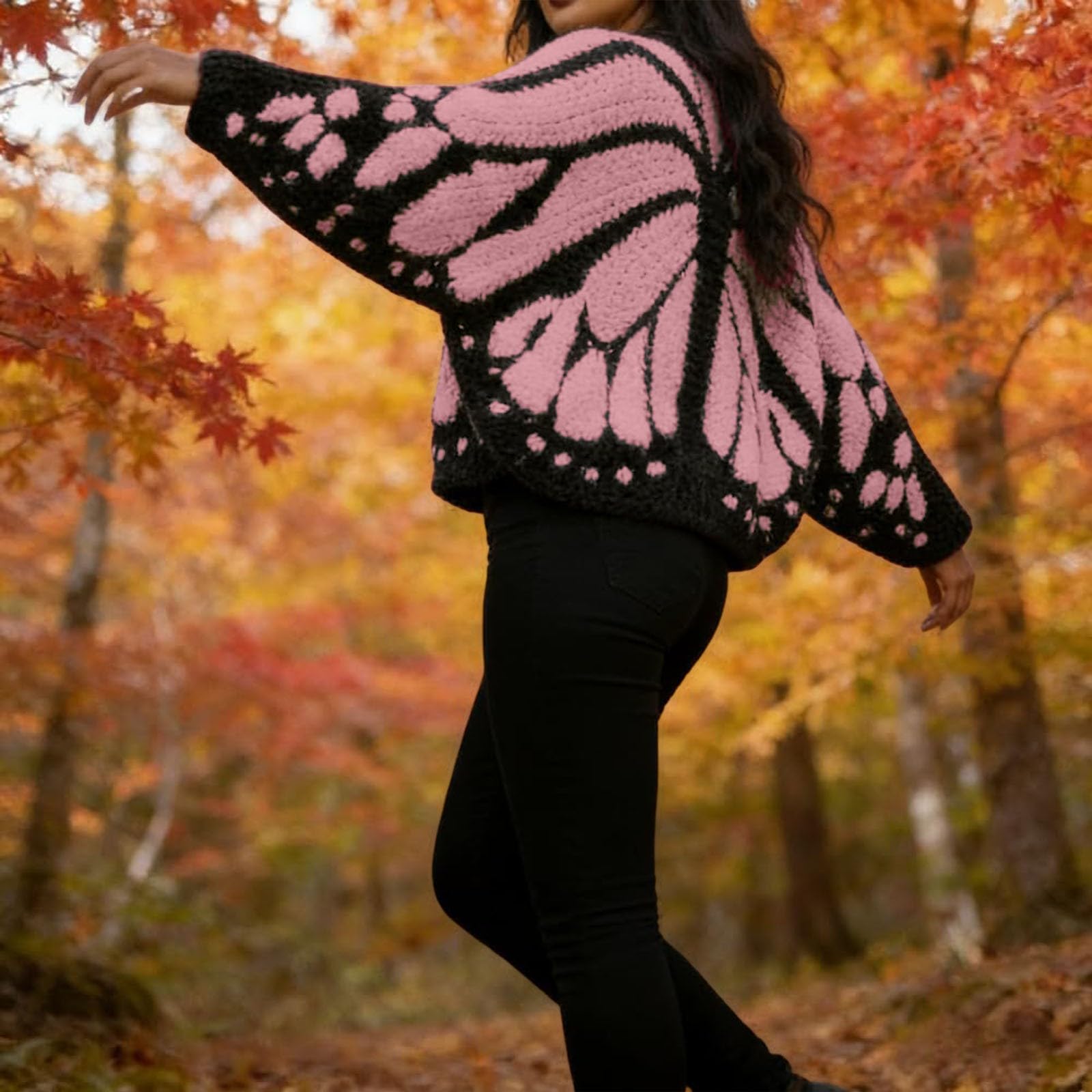 Costume de papillon pour femme - Cardigan ouvert sur le devant - Cardigan au crochet - Style bohème - Pull en tricot avec motif papillon - Cape, écharpe, poncho