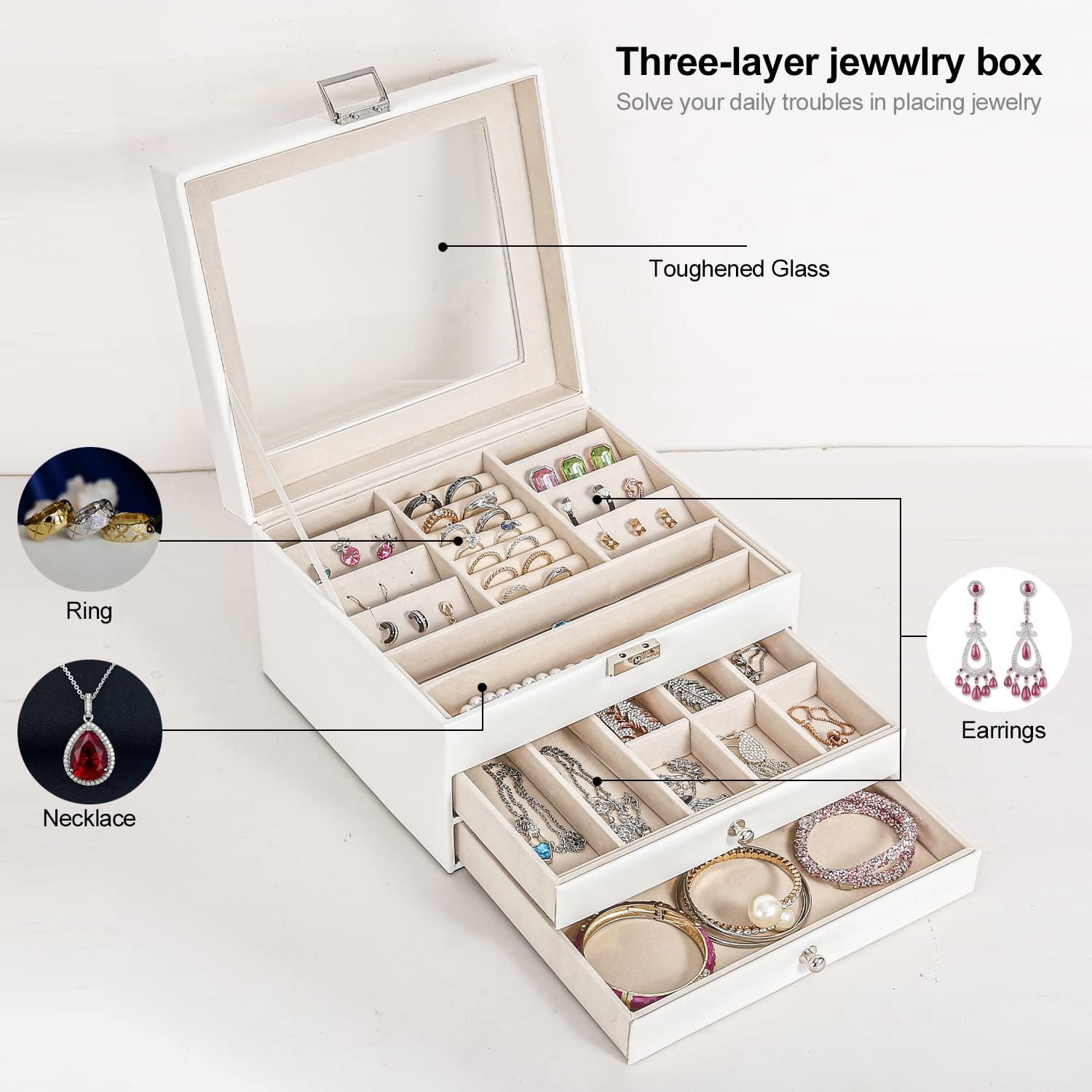 Jewelry Box for Women, Jewerly Case with 2 Drawers, Leather Design Lockable Jewelry Case with , for Necklaces, Earrings, Rings, Bracelet, Gift for Loved Women : Clothing, Shoes & Jewelry