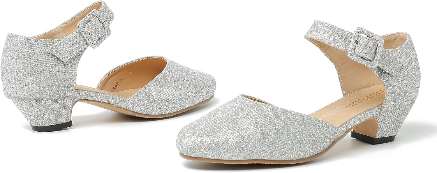 LIURUIJIA Women's Closed Toe Low Chunky Heel Pumps Ankle Strap Dress Shoes for Work Wedding Party Glitter Silver 44 US 10.5 - Image 3