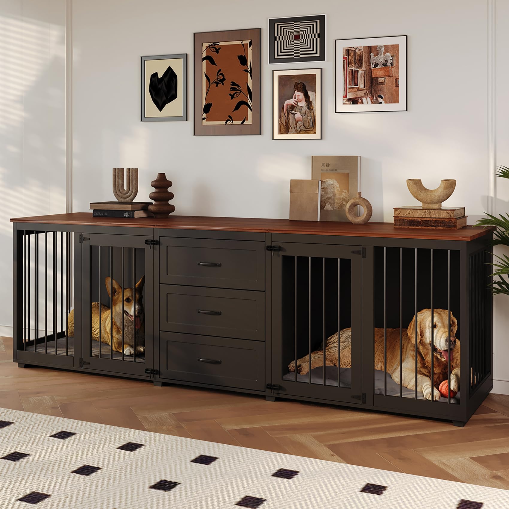 ((incomplete)) dog crate furniture, indoor wooden farmhouse dog kennel furniture with 3 drawers & 2 lockable doors, 95"x23.6"x32"h, black