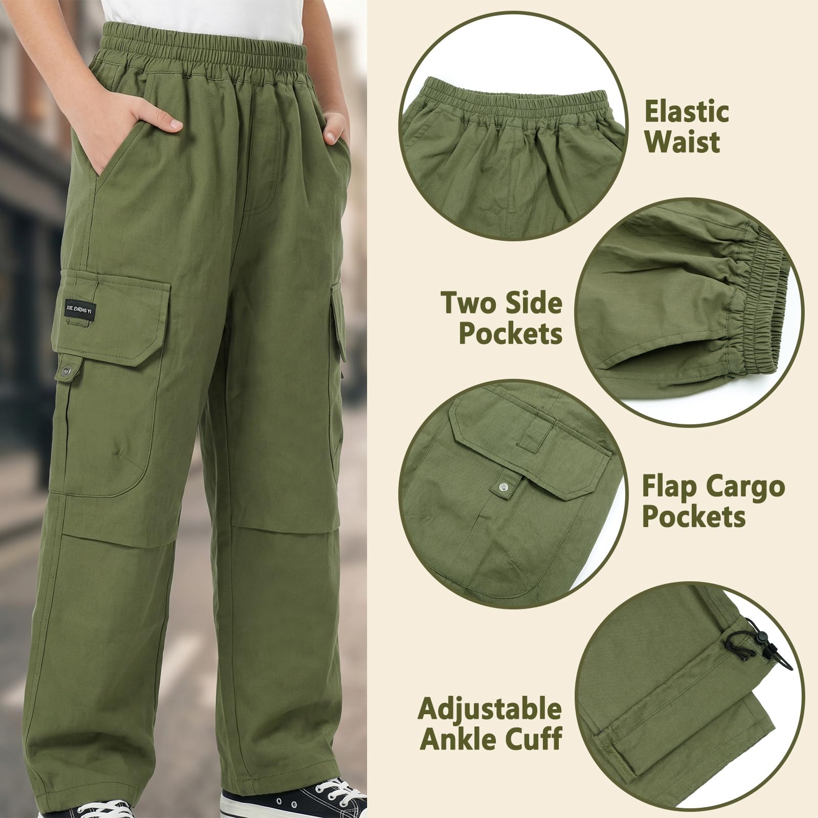 Pantaloni Cargo Ragazzo Baggy Traspirante Pantaloni con Vita Elastico e Multi-Tasche Cotone Morbido Bambino Cargo Jogging Sportivi Streetwear Pantalone per Bambino 7-15 Anni