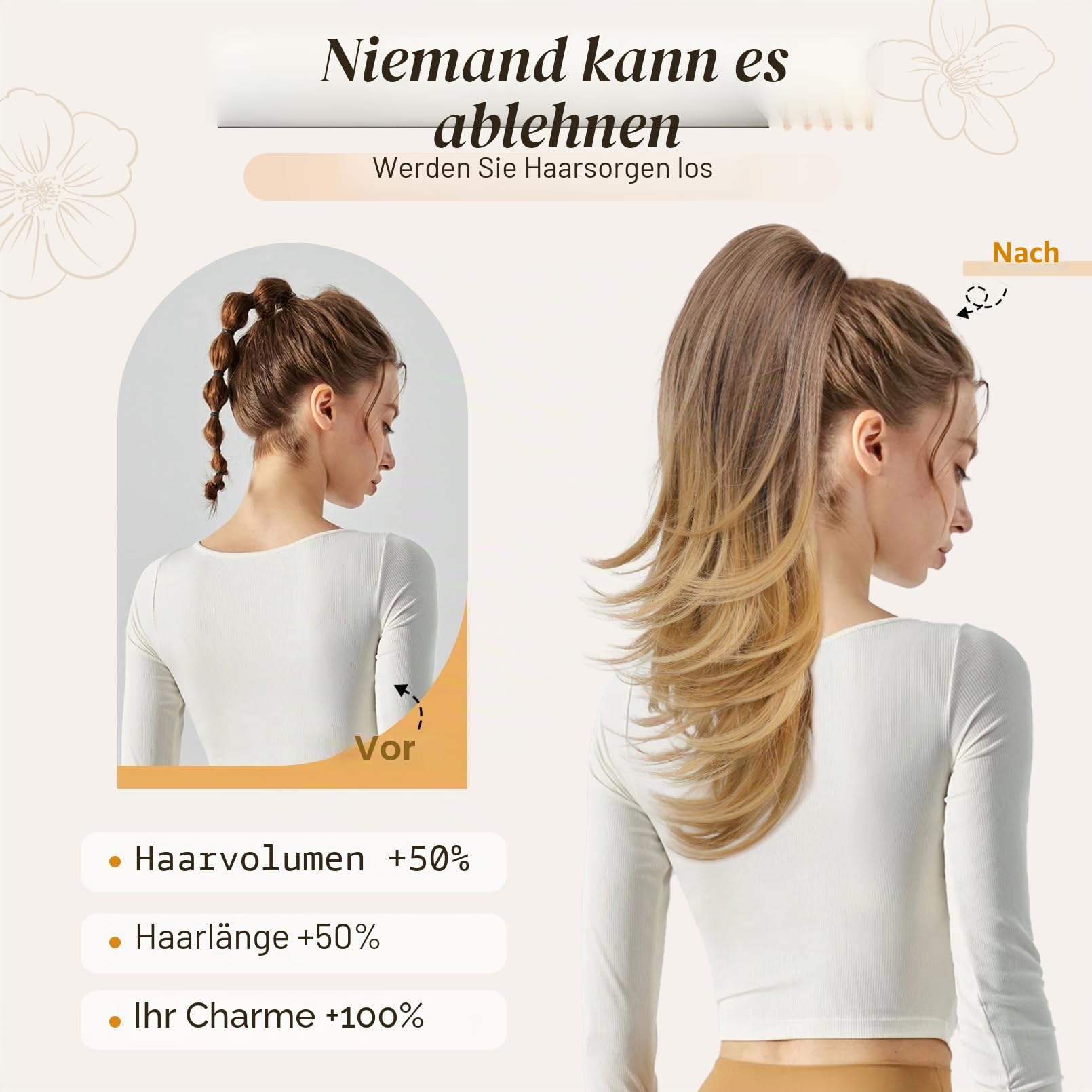 Flufymooz Ponytail Extension, 50 cm Pferdeschwanz Haarverlängerung mit Kordelzug für Frauen weiches, natürlich aussehendes synthetisches Pferdeschwanz Haarteil-Dunkelblond bis Hellblond