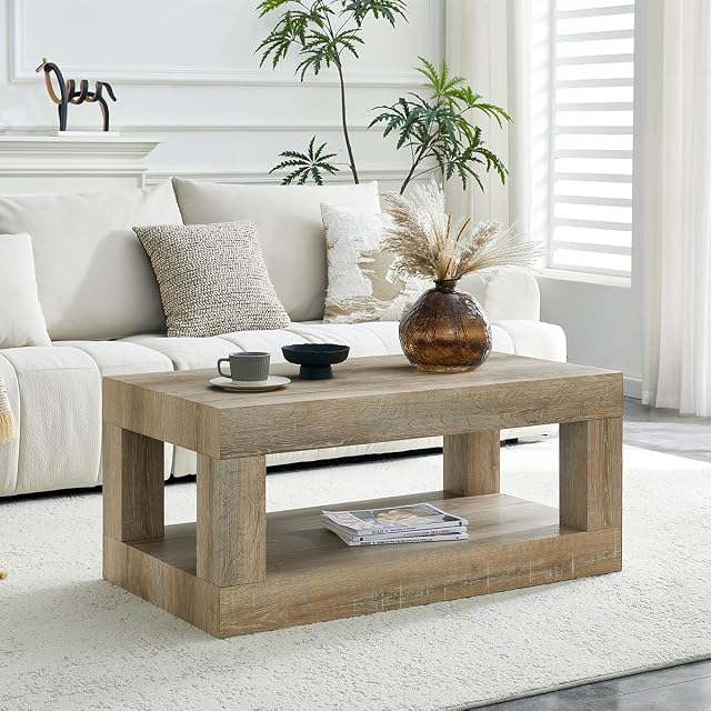 39 4 Wood Coffee Table Modern 2-Tier Rectangular Coffee Table for Living Room Center Table with Large Storage