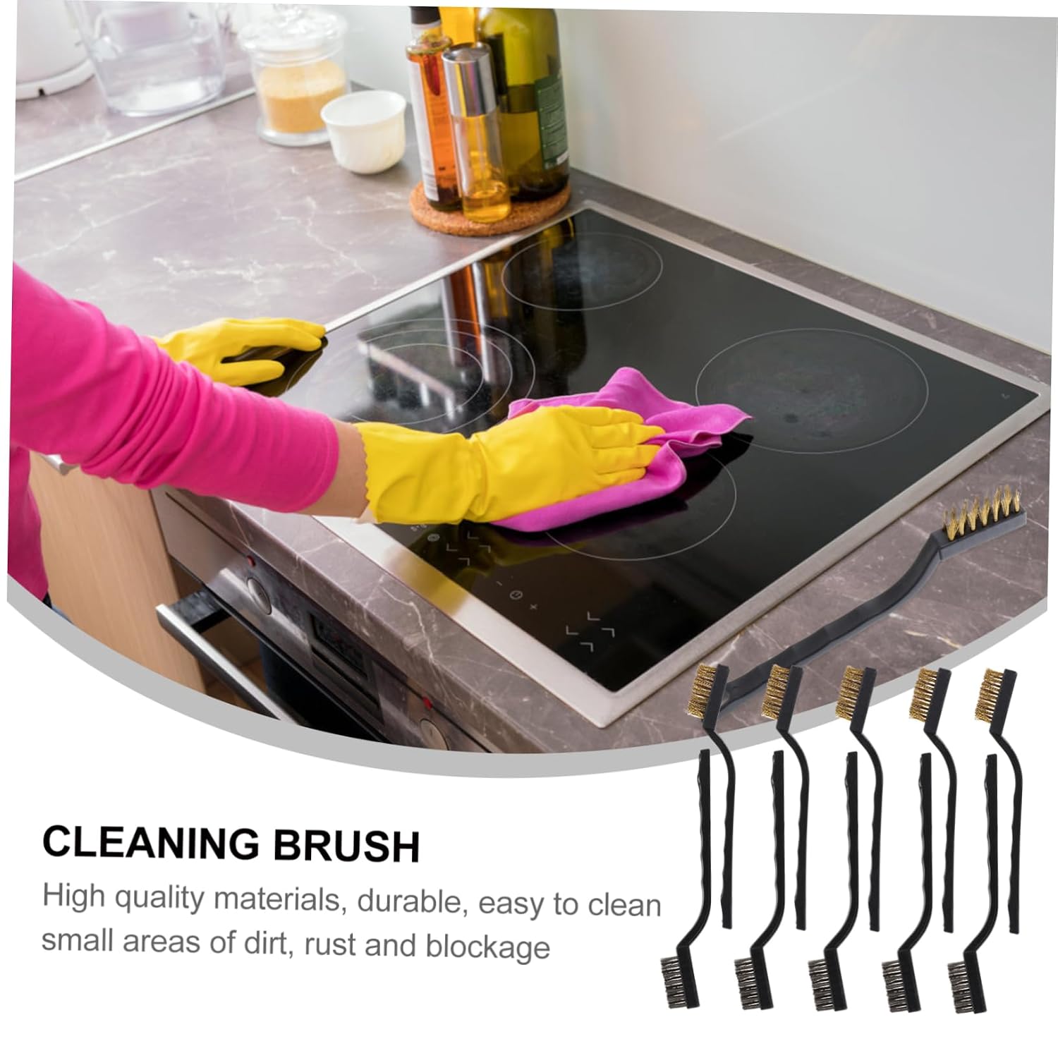 Long Curved Handle Brush Set 10pcs Stainless Brushes for Rust Removal Dish Scratch- Cleaning
