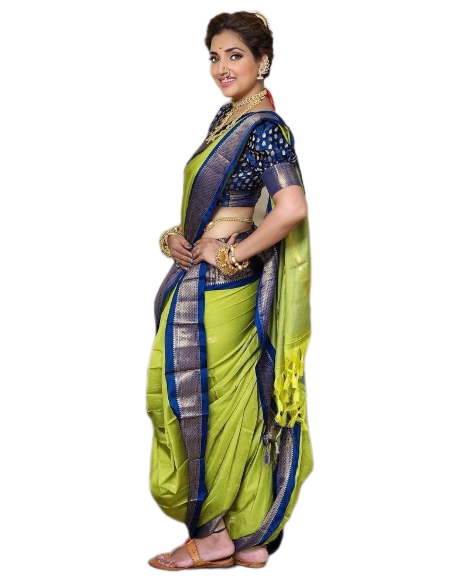 Women's, Silk Traditional Sico Yeola Paithani Saree With Contrast Blouse Pies (Lemon Navy Blue)
