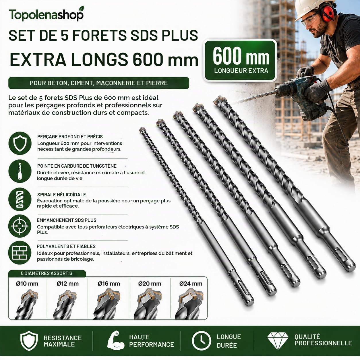 Lot de 5 forets SDS Plus 600 mm pour perceuse perforatrice - Diamètres 10, 12, 16, 20, 24 mm pour béton, pierre et béton - Haute résistance et durabilité