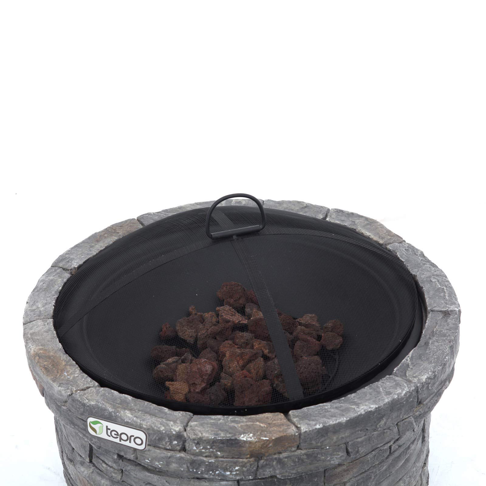 tepro Feuerstelle Gladstone Ø 67,5 cm – Outdoor Feuerstelle in eleganter Steinoptik mit Funkenschutz, Feuerrost & Schürhaken – dekorative Garten-Feuerschale mit feuerfester Stahlwanne