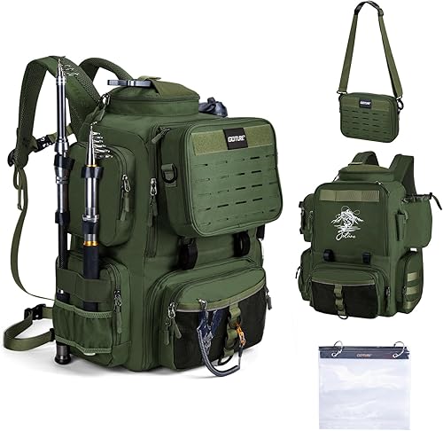 Goture Mochila de pesca, mochila 900D resistente al agua con soportes para caña, bolsa de aparejos de pesca de gran tamaño de 58 L con bolsa cruzada