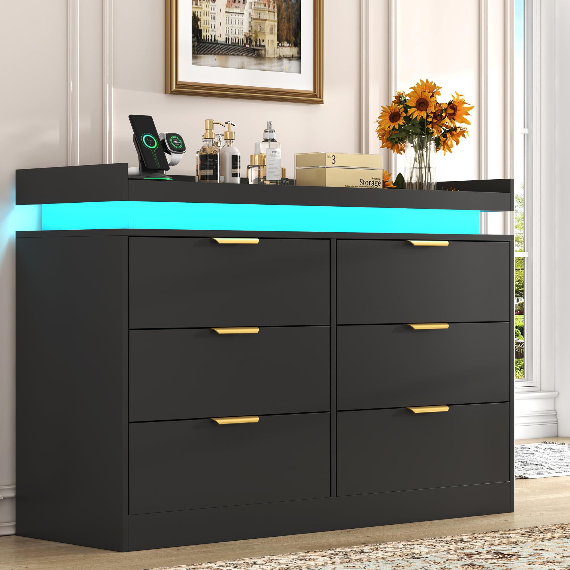 UNIQUITE 6 Drawer Dresser for Bedroom, Black Dresser with LED Lights and Power Outlet, Wooden Dressers Chests of Drawers, Double Wide Dressers for Bedroom, Entryway, Hallway : Home & Kitchen