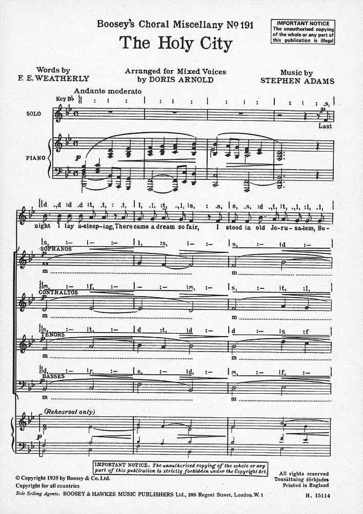 The Holy City: solo and mixed choir (SATB) a cappella. Partition de chœur.